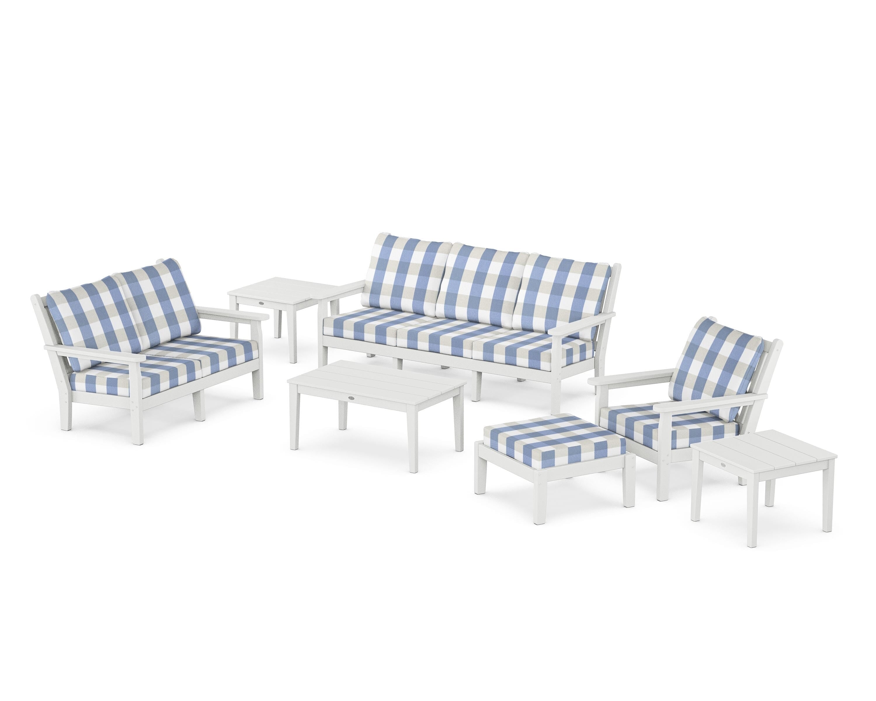 POLYWOOD® Chippendale 7-Piece Deep Seating Set in White / Buffalo Plaid Sky Blue