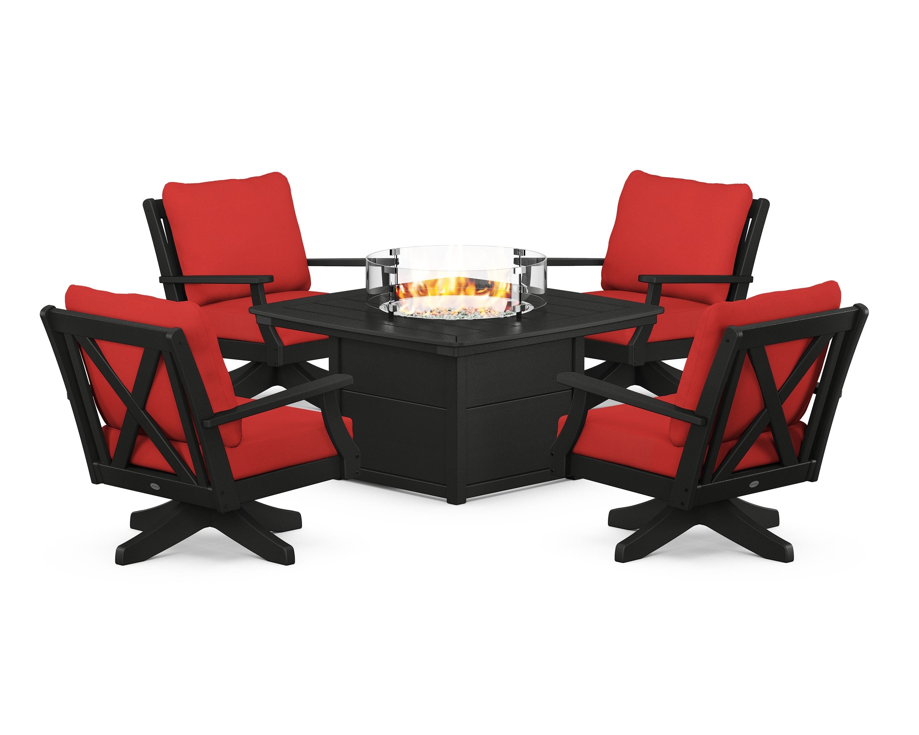 POLYWOOD® Braxton 5-Piece Deep Seating Swivel Conversation Set with Fire Pit Table in Black / Crimson Linen