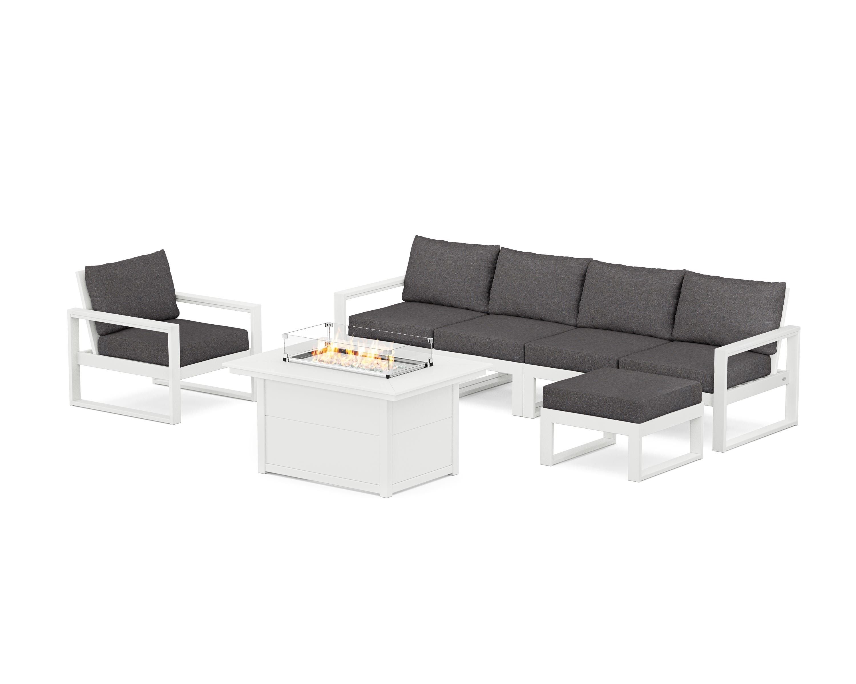 POLYWOOD® EDGE Sectional Lounge and Fire Pit Set in White / Ash Charcoal