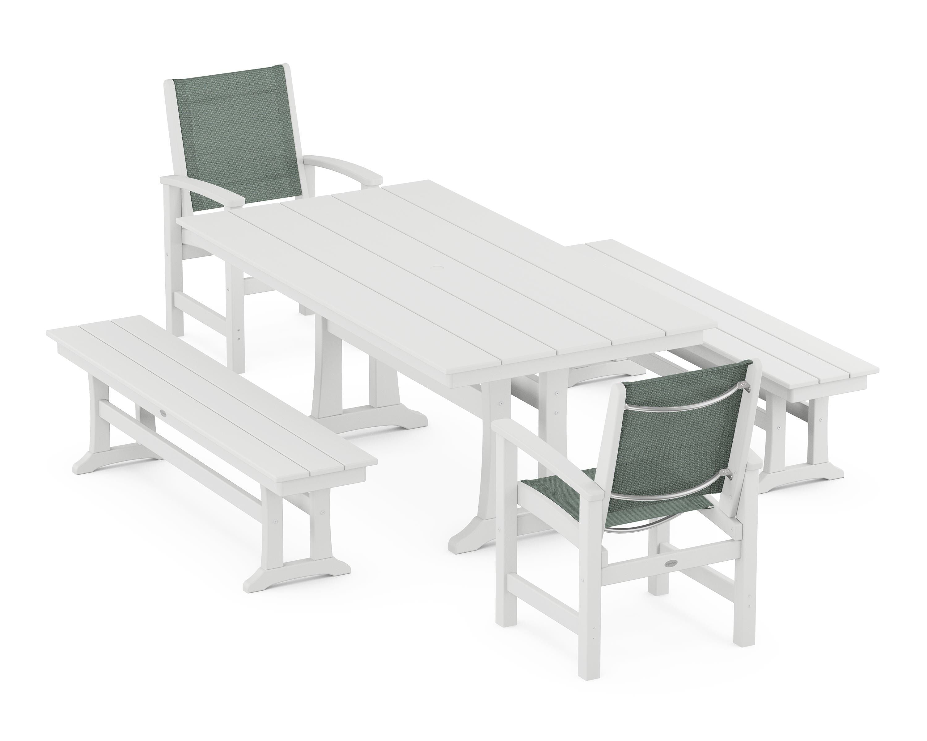 POLYWOOD® Coastal 5-Piece Farmhouse Dining Set with Trestle Legs and Benches in White / Dupioni Sea Mist Sling