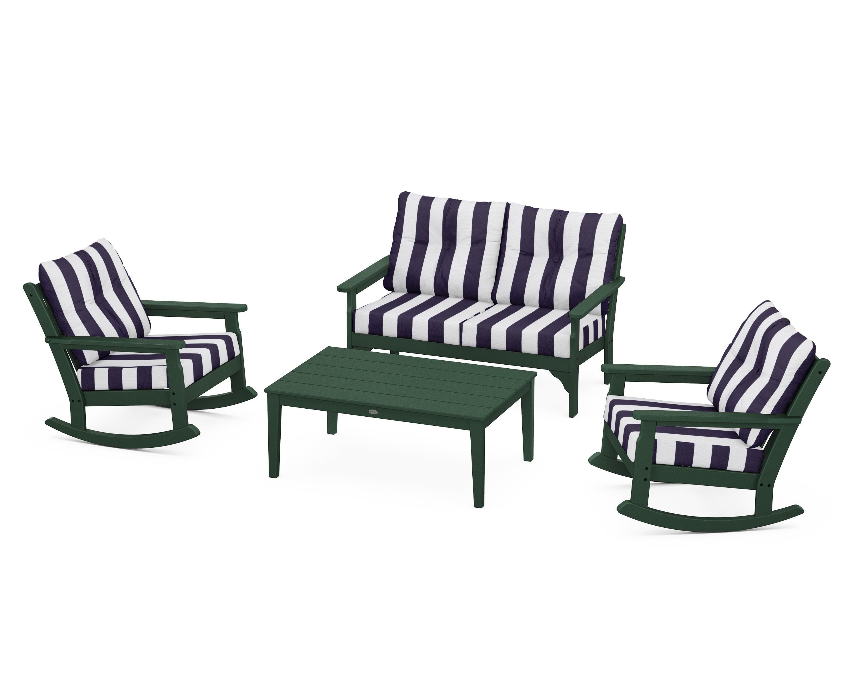POLYWOOD® Vineyard 4-Piece Deep Seating Rocking Chair Set in Green / Cabana Stripe Navy