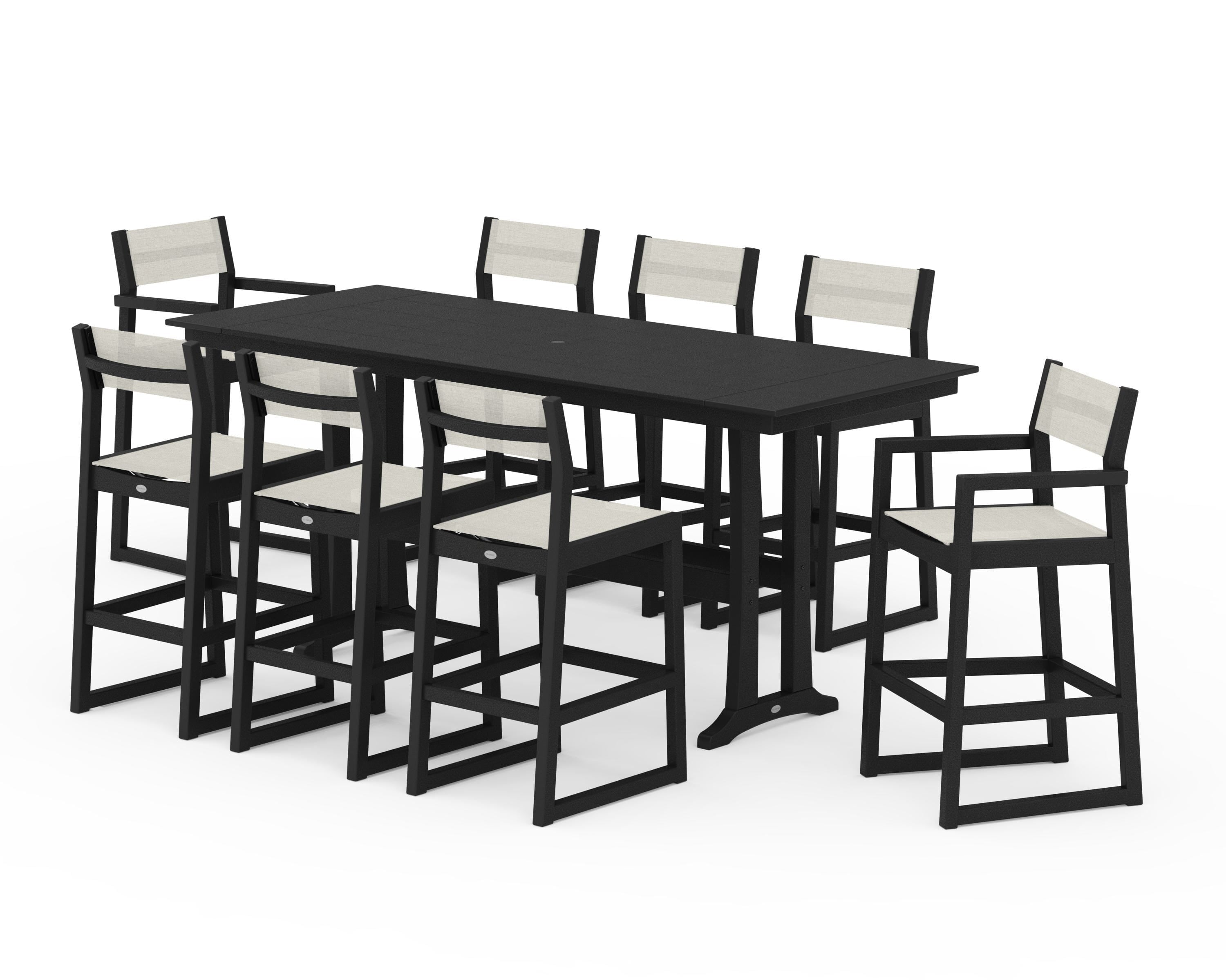 POLYWOOD® EDGE Sling 9-Piece Farmhouse Bar Set with Trestle Legs in Black / Parchment Sling