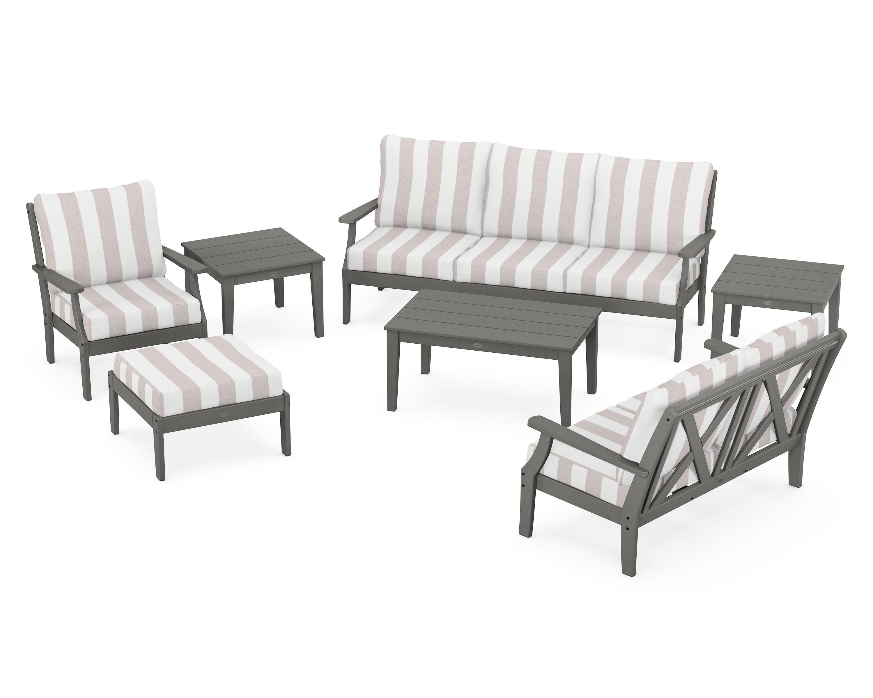 POLYWOOD® Braxton 7-Piece Deep Seating Set in Slate Grey / Cabana Stripe Dune Burlap