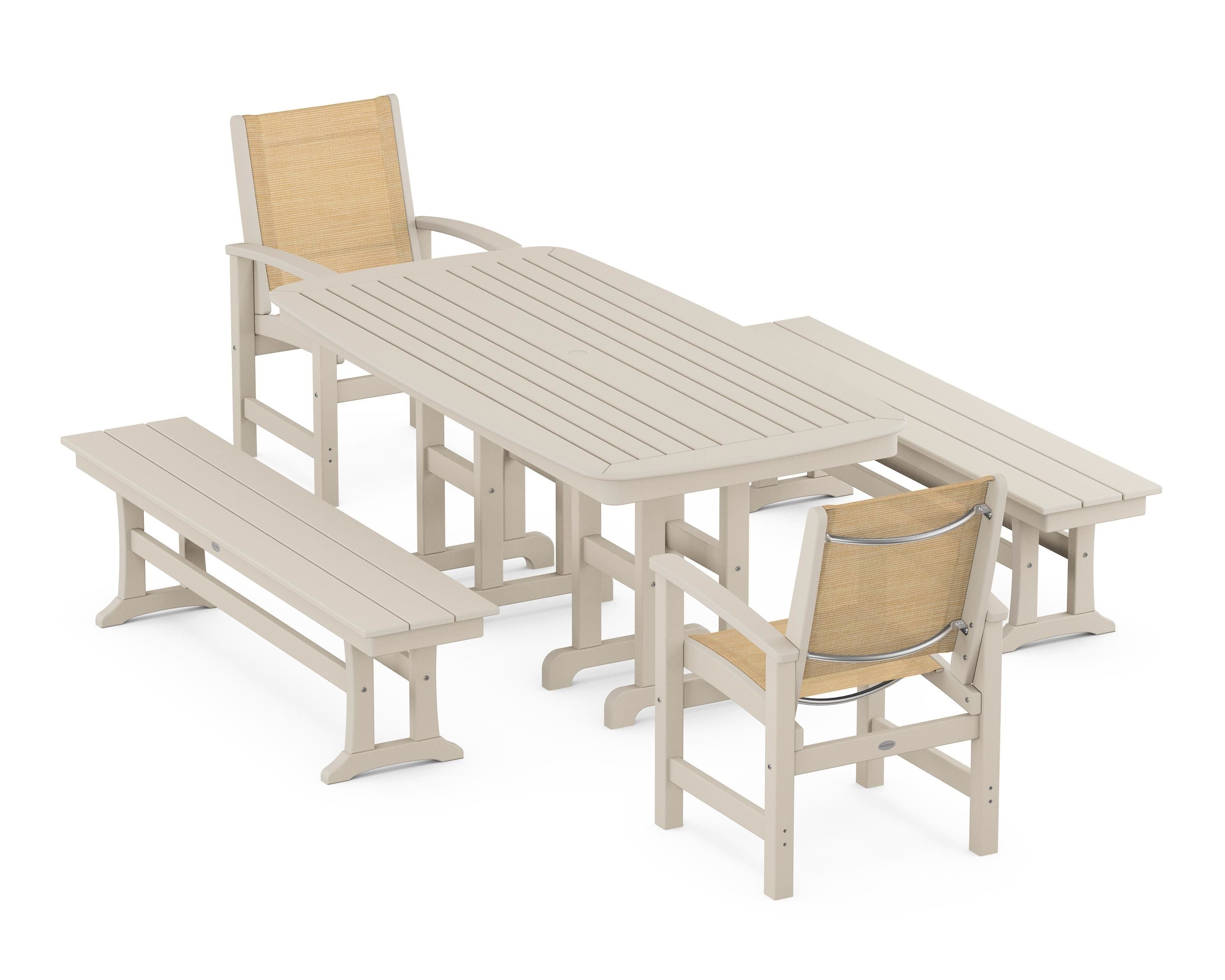 POLYWOOD® Coastal 5-Piece Dining Set in Sand / Dupioni Apricot Sling