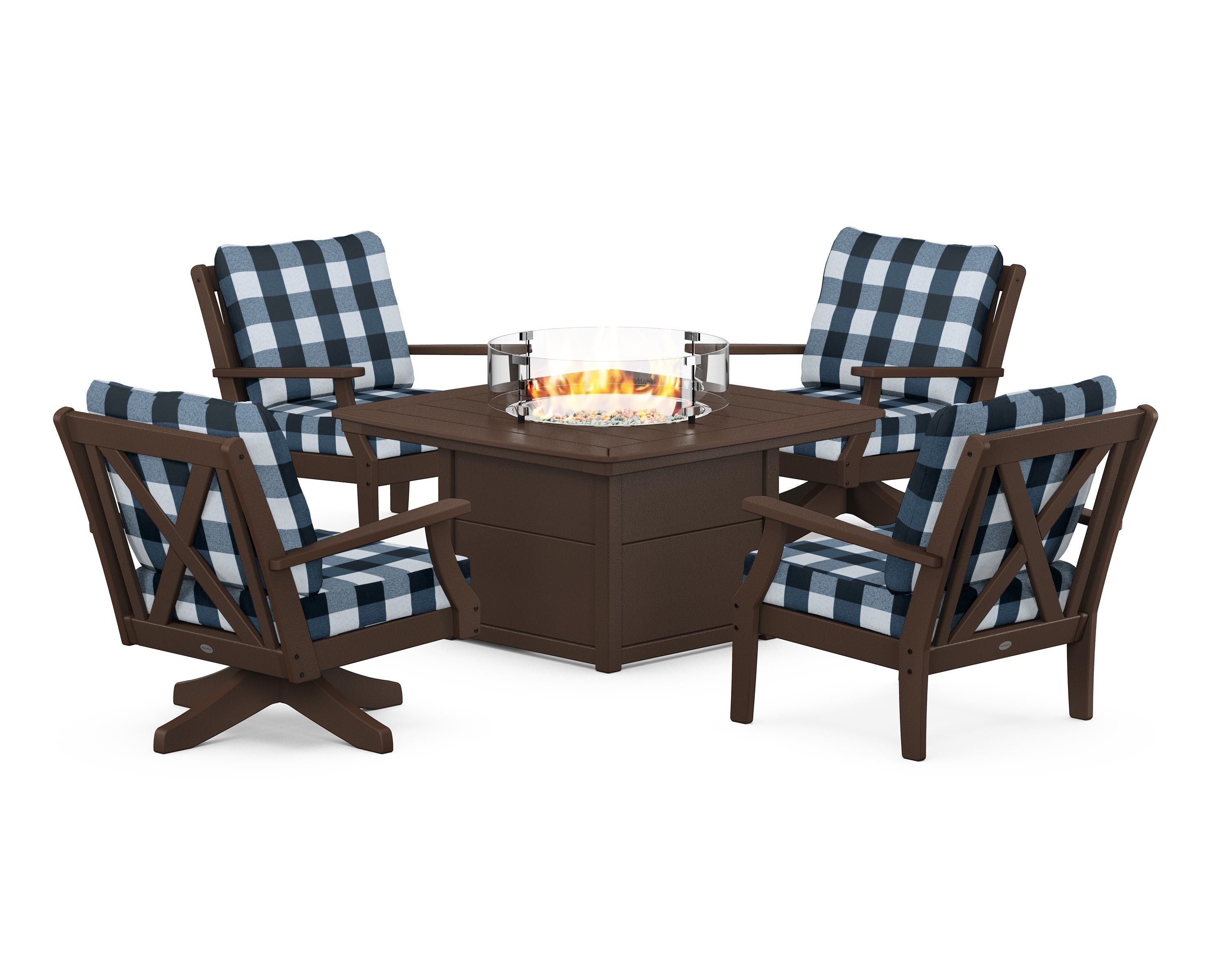 POLYWOOD® Braxton 5-Piece Deep Seating Set with Fire Table in Mahogany / Buffalo Plaid Marine Indigo