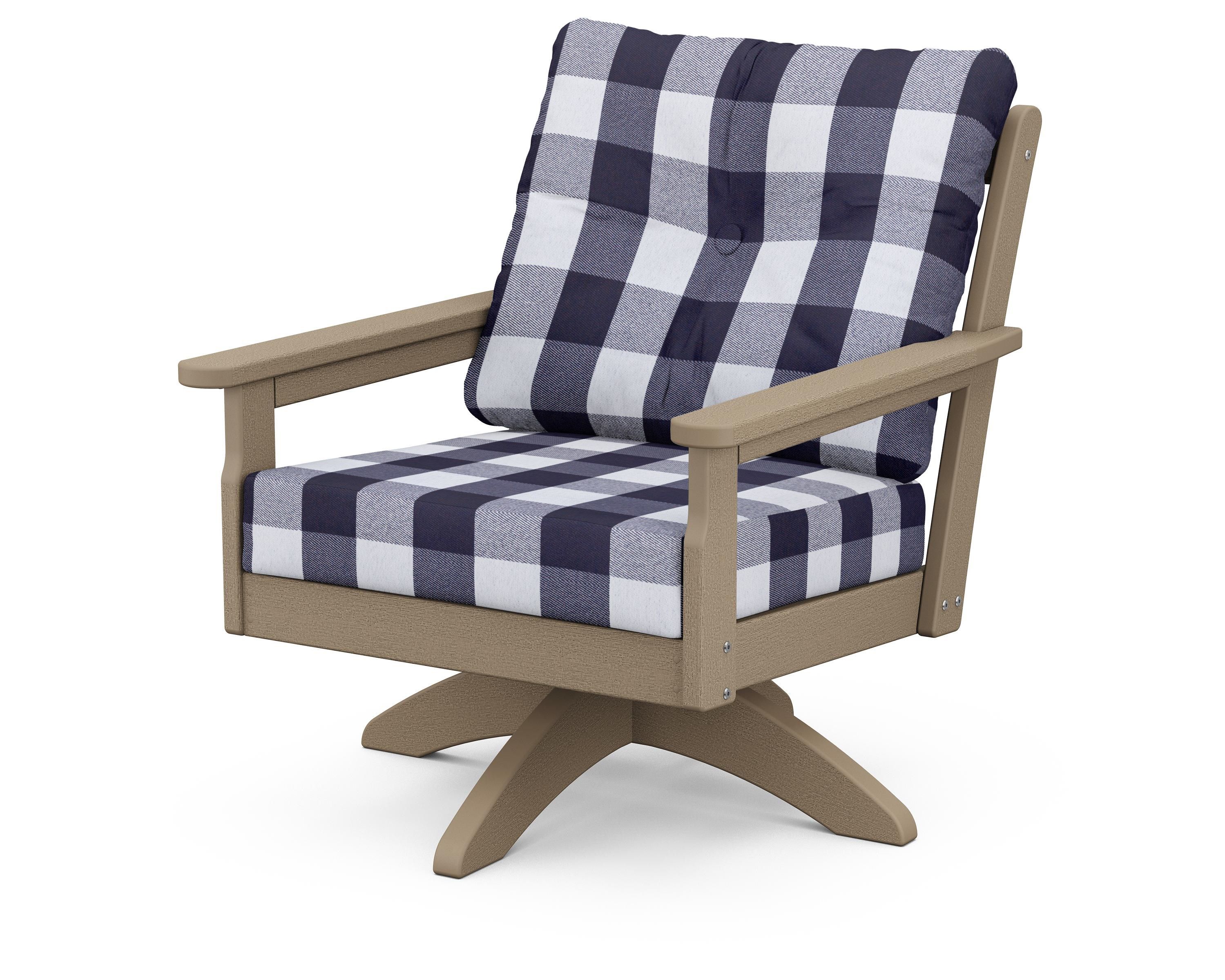 POLYWOOD® Vineyard Deep Seating Swivel Chair in Vintage Sahara / Buffalo Plaid Navy