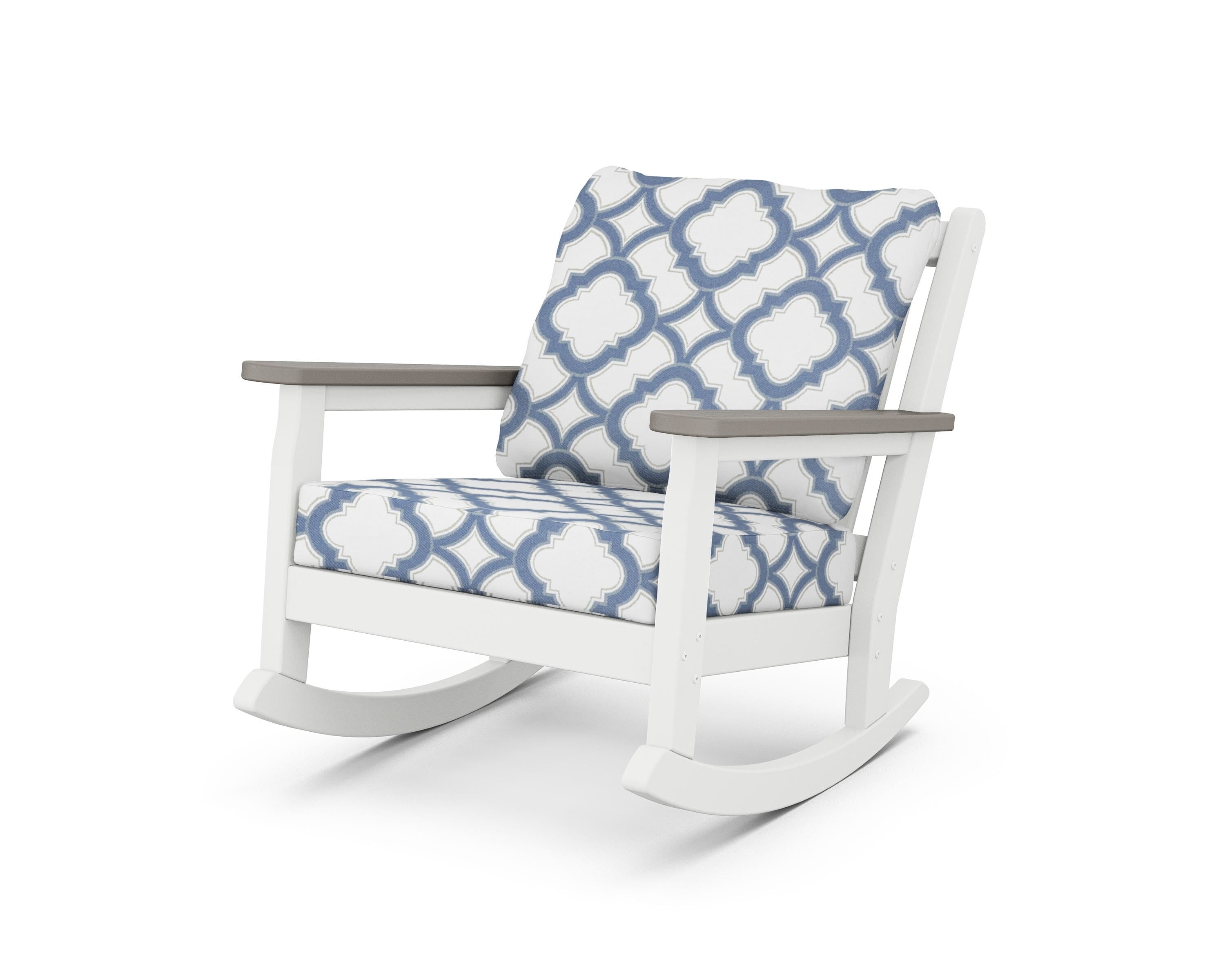 POLYWOOD® Chippendale Deep Seating Rocking Chair in White / Driftwood / Trellis Sky Blue