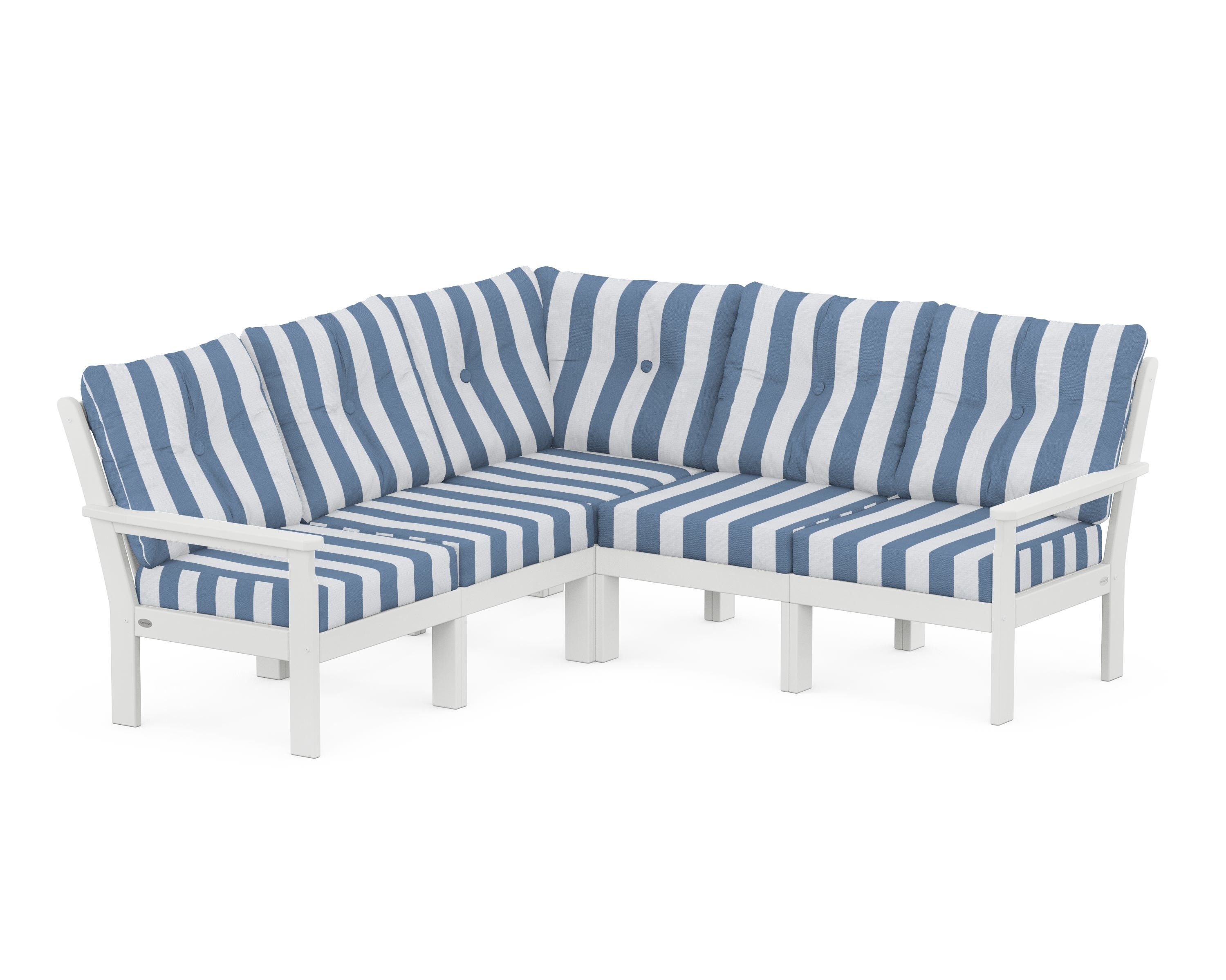 POLYWOOD® Vineyard 5-Piece Sectional in White / Cabana Stripe Sky Blue