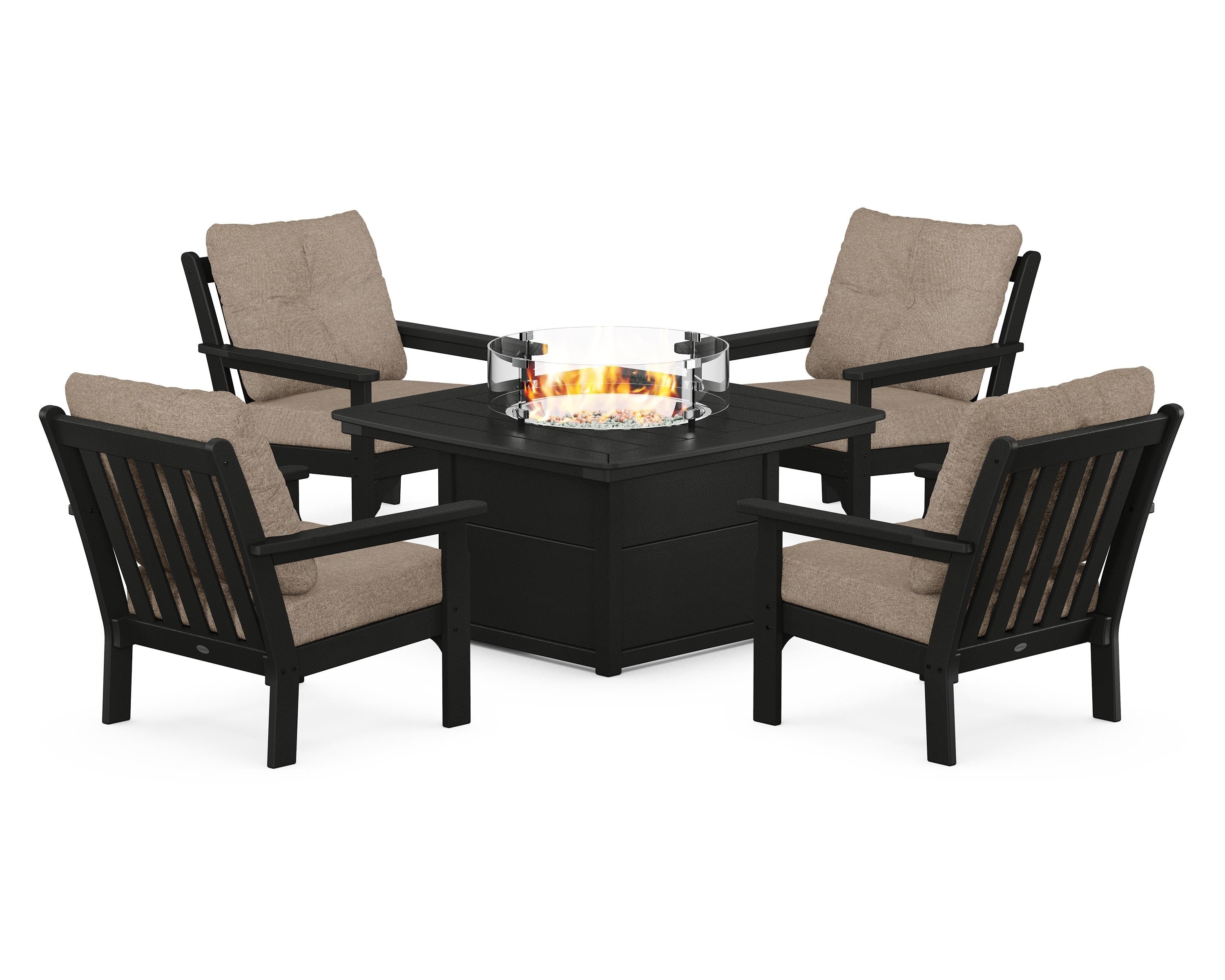 POLYWOOD® Vineyard 5-Piece Conversation Set with Fire Pit Table in Black / Spiced Burlap