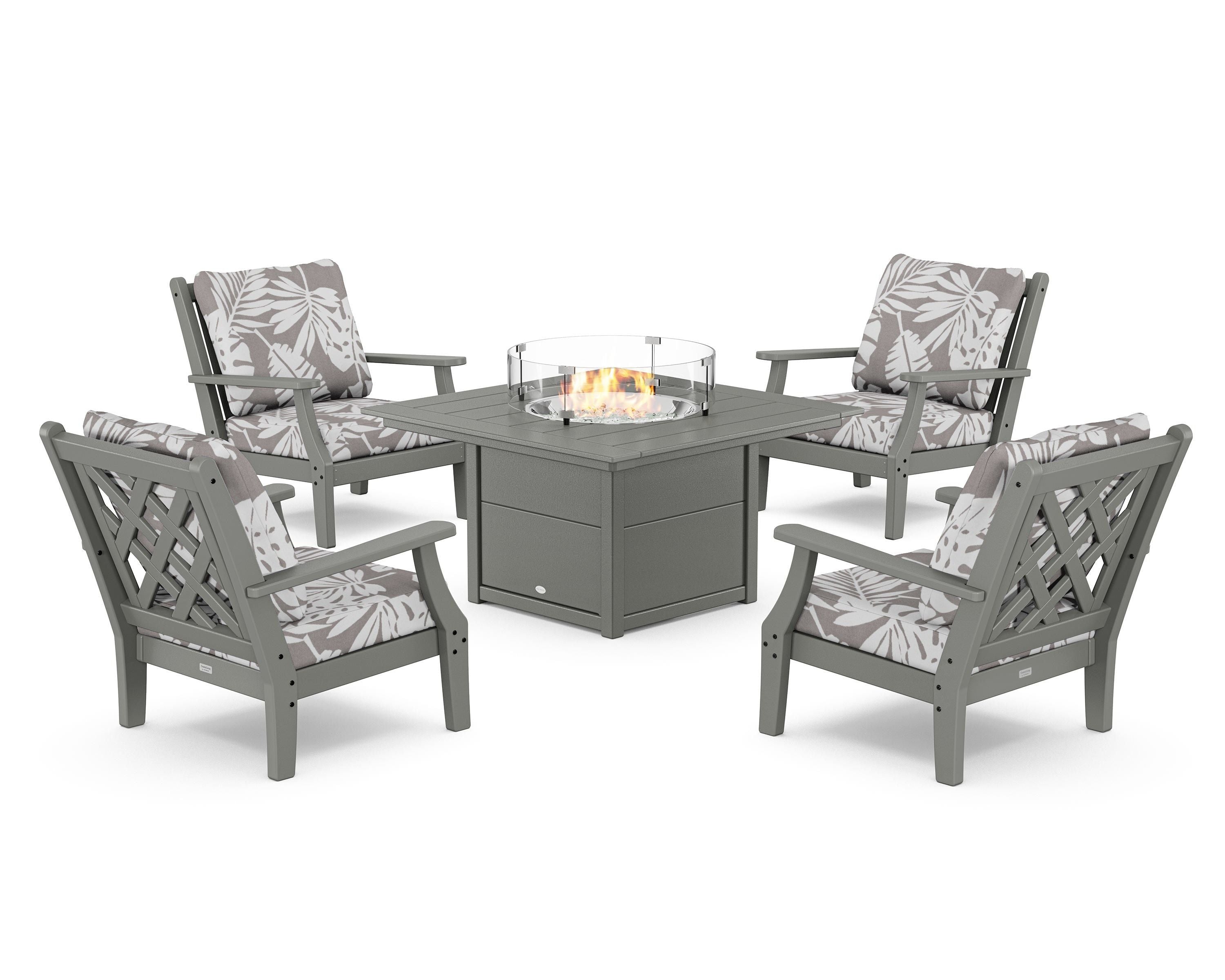 Country Living Wovendale 5-Piece Deep Seating Set with Fire Pit Table in Slate Grey / Leaf Grey Mist