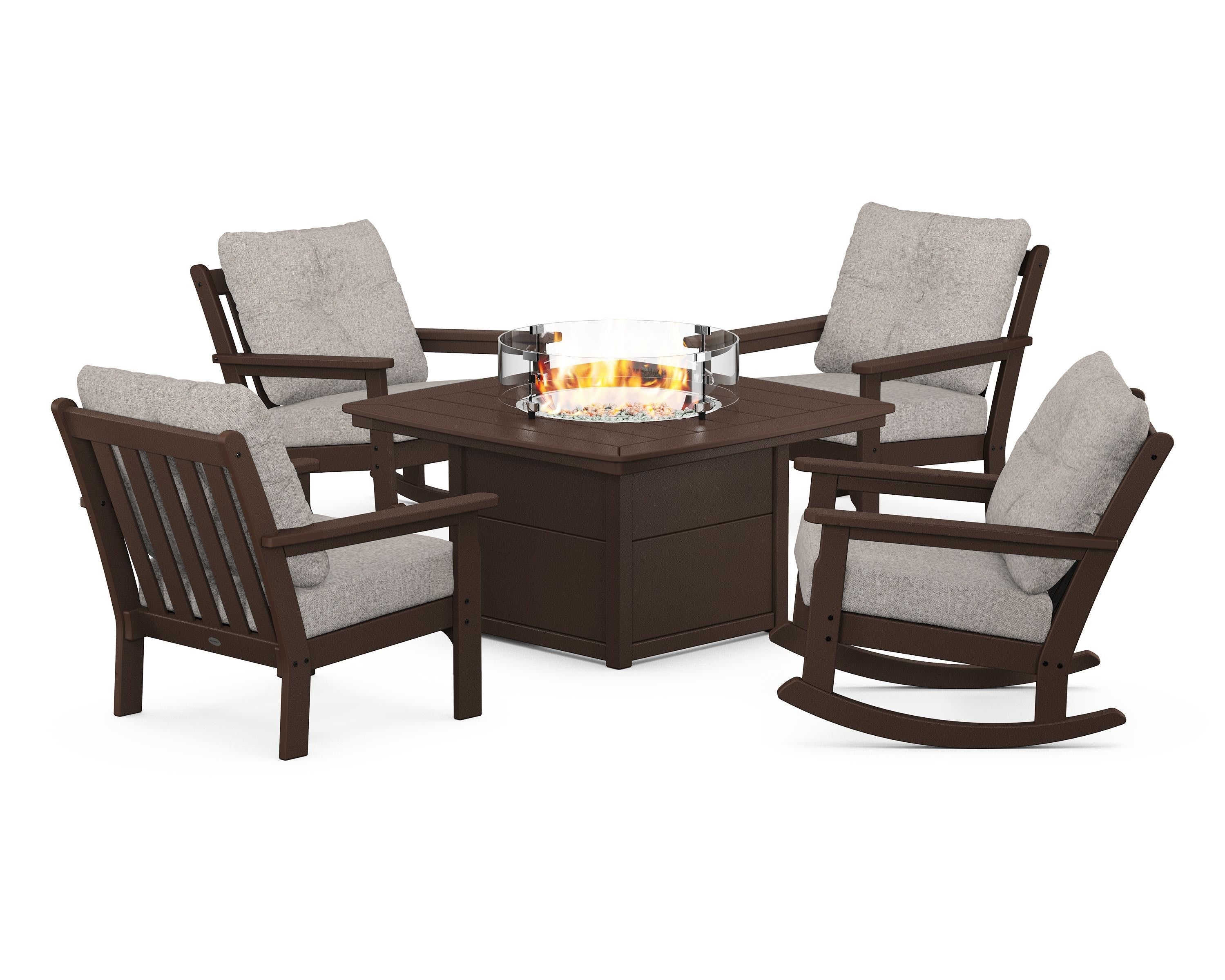 POLYWOOD® Vineyard 5-Piece Deep Seating Rocking Chair Conversation Set with Fire Pit Table in Mahogany / Weathered Tweed