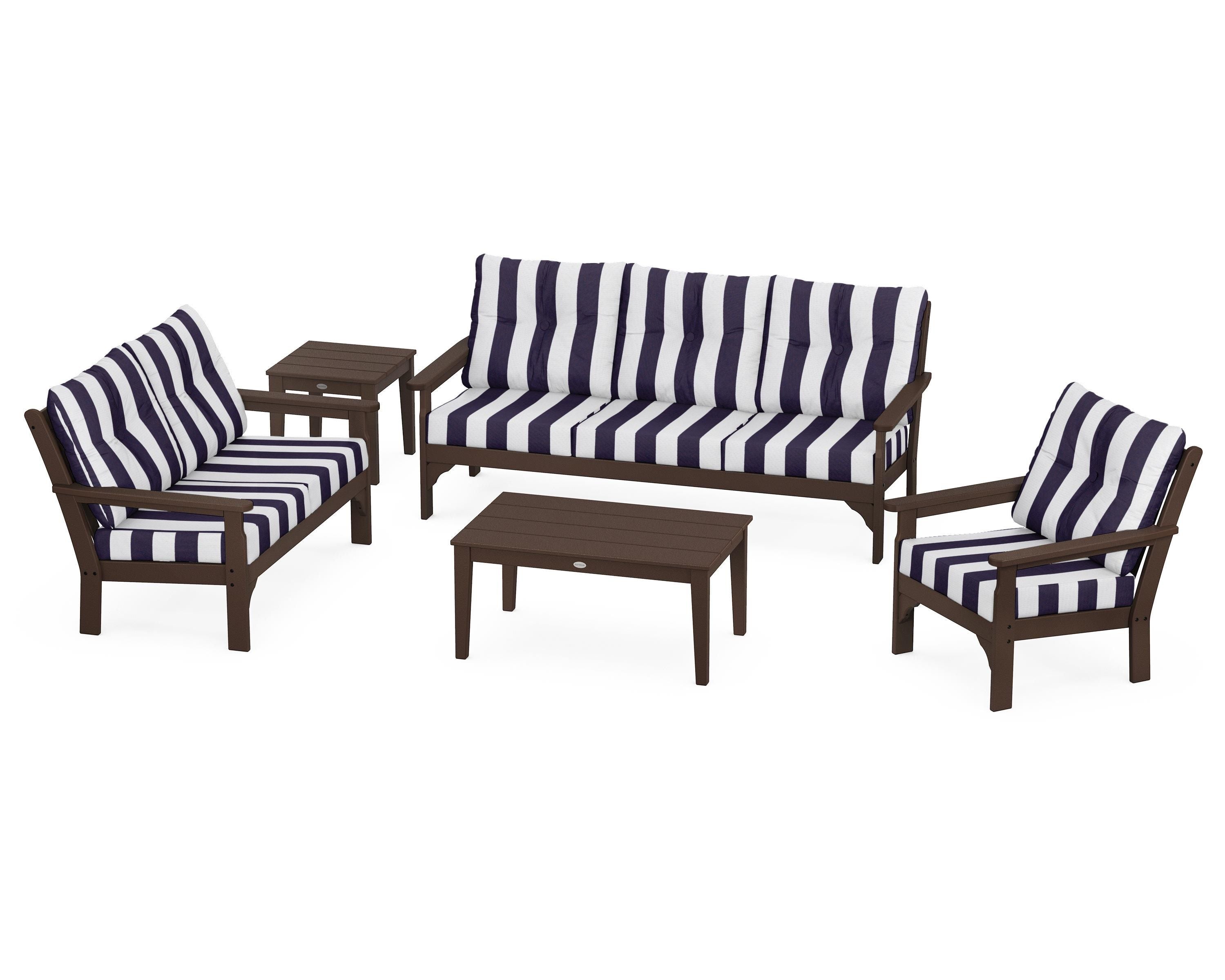POLYWOOD® Vineyard 5 Piece Deep Seating Set in Mahogany / Cabana Stripe Navy