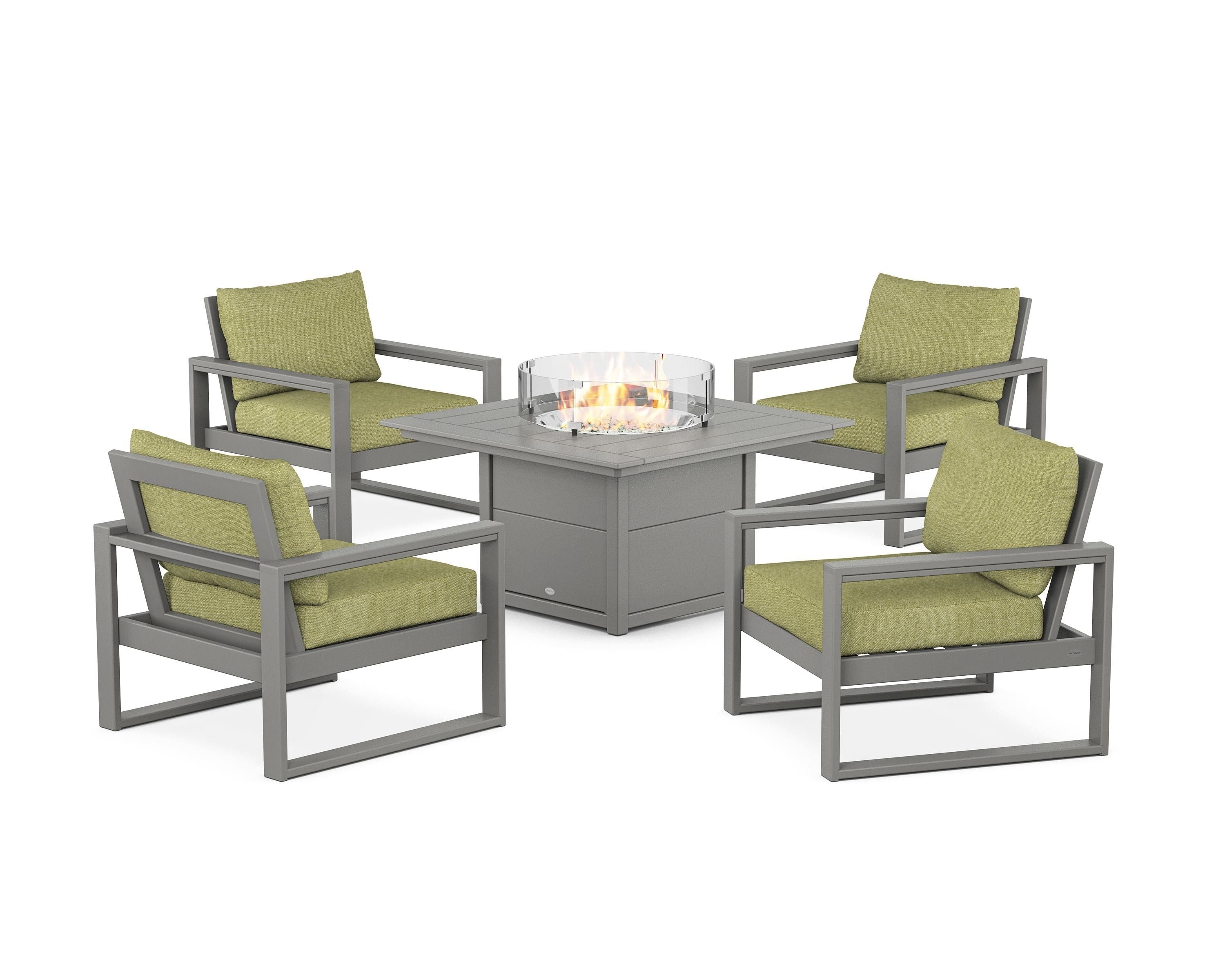 POLYWOOD® EDGE Sectional 5-Piece Deep Seating Set with Fire Pit Table in Slate Grey / Chartreuse Boucle