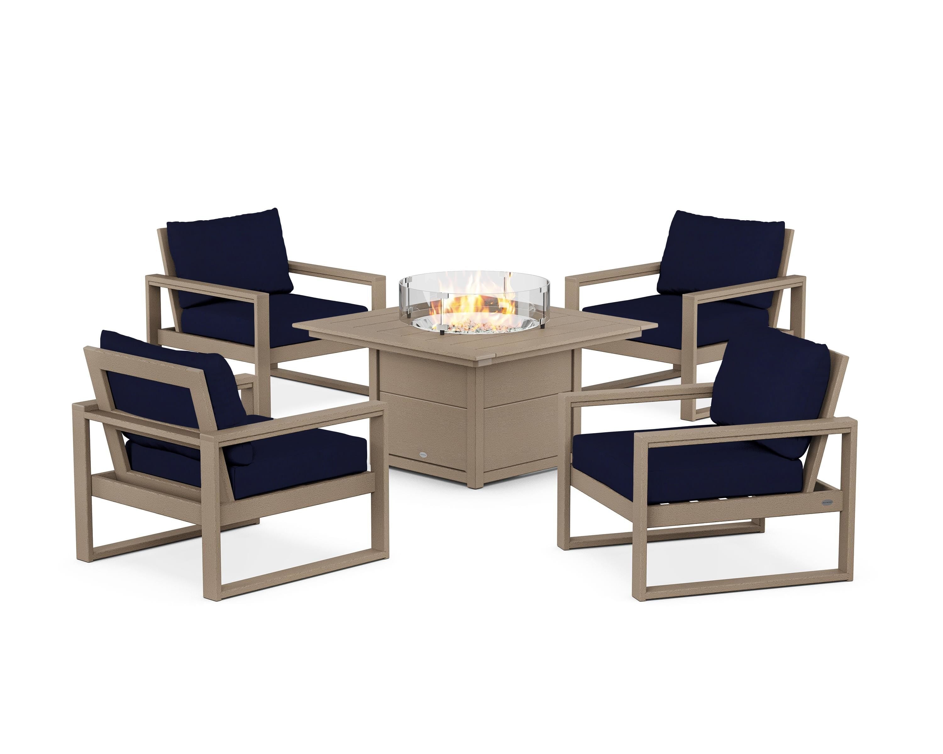 POLYWOOD® EDGE Sectional 5-Piece Deep Seating Set with Fire Pit Table in Vintage Sahara / Navy