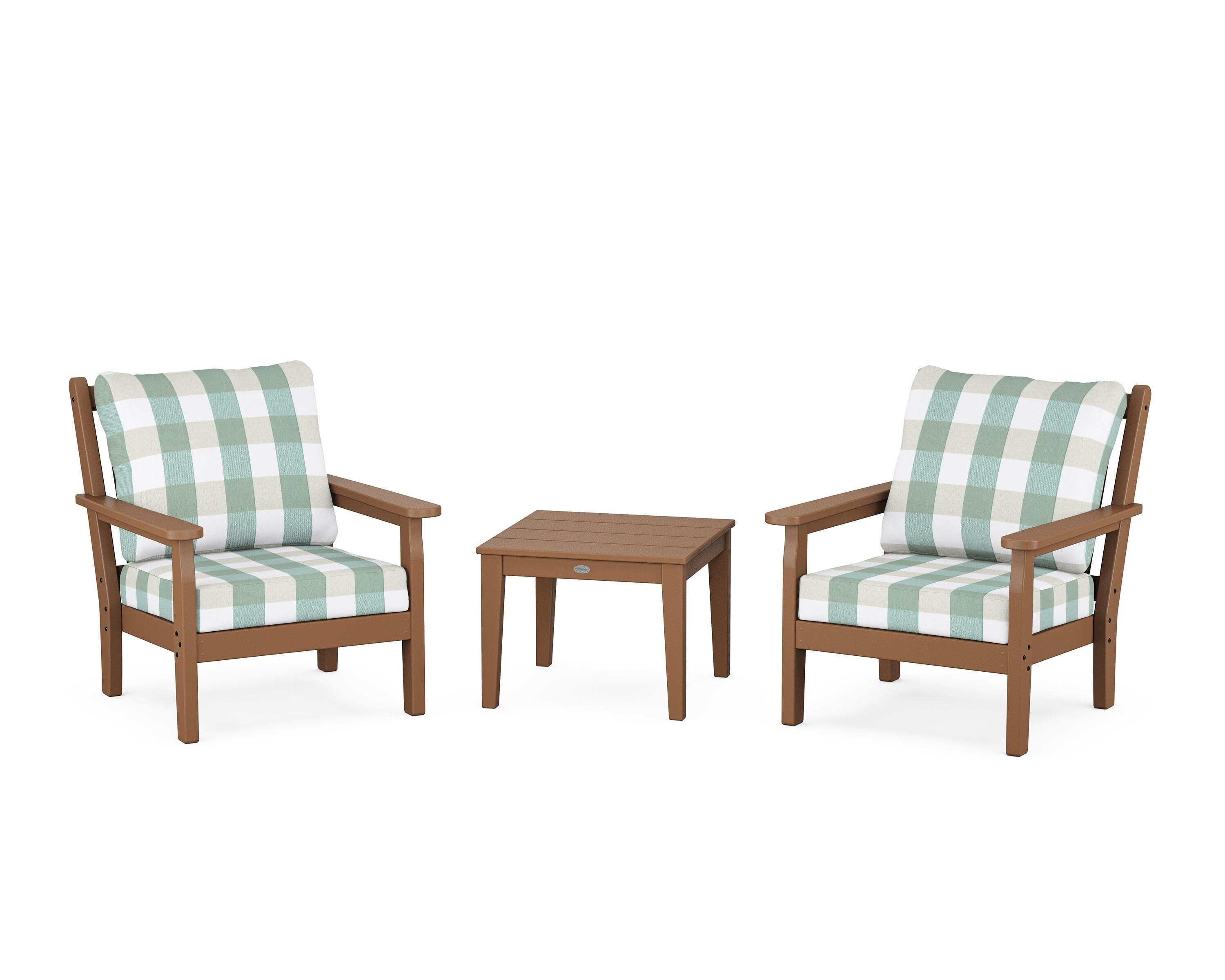 POLYWOOD® Chippendale 3-Piece Deep Seating Set in Teak / Buffalo Plaid Glacier Spa