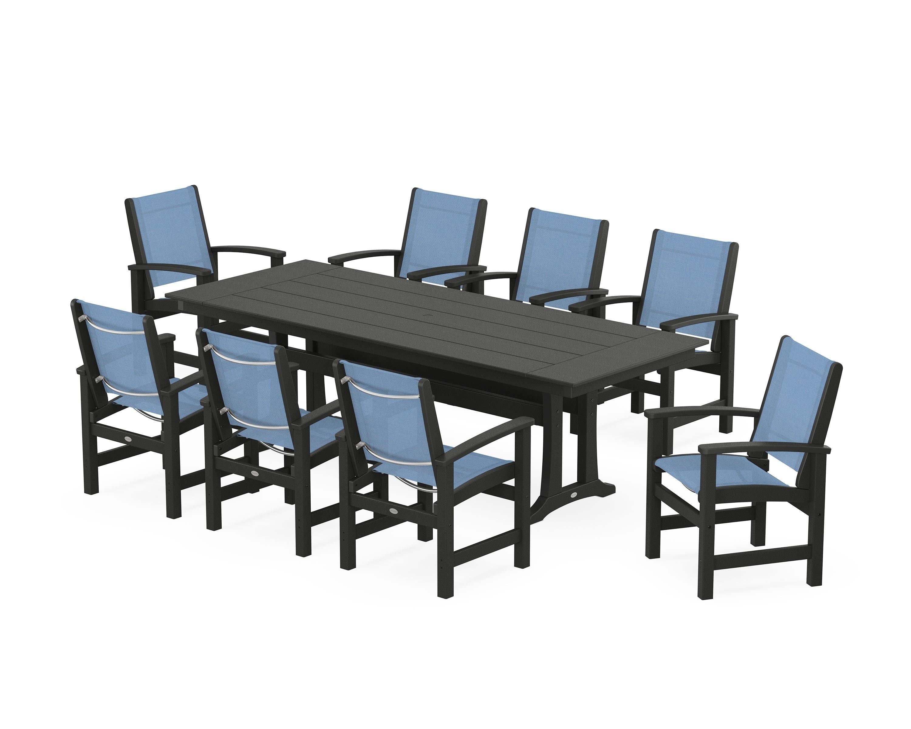 POLYWOOD® Coastal 9-Piece Farmhouse Dining Set with Trestle Legs in Black / Poolside Sling