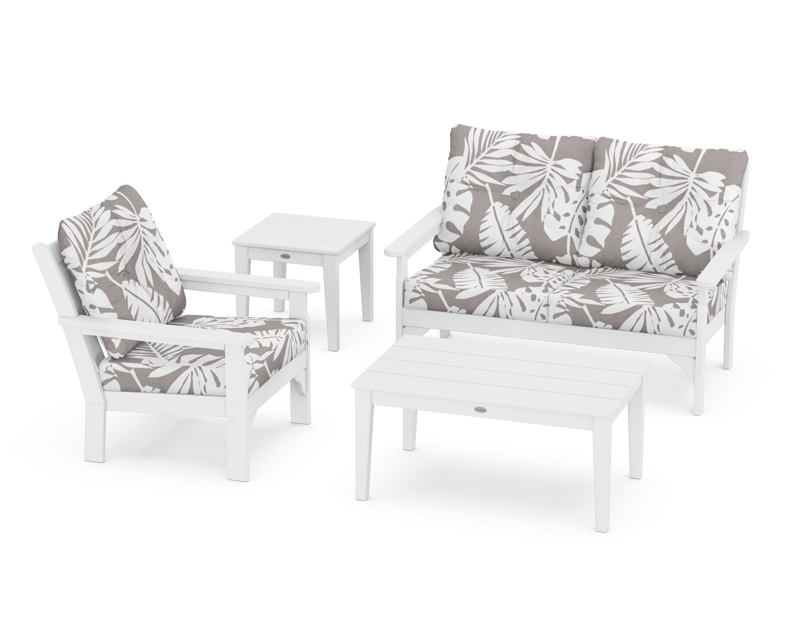 POLYWOOD® Vineyard 4-Piece Deep Seating Set in White / Leaf Grey Mist