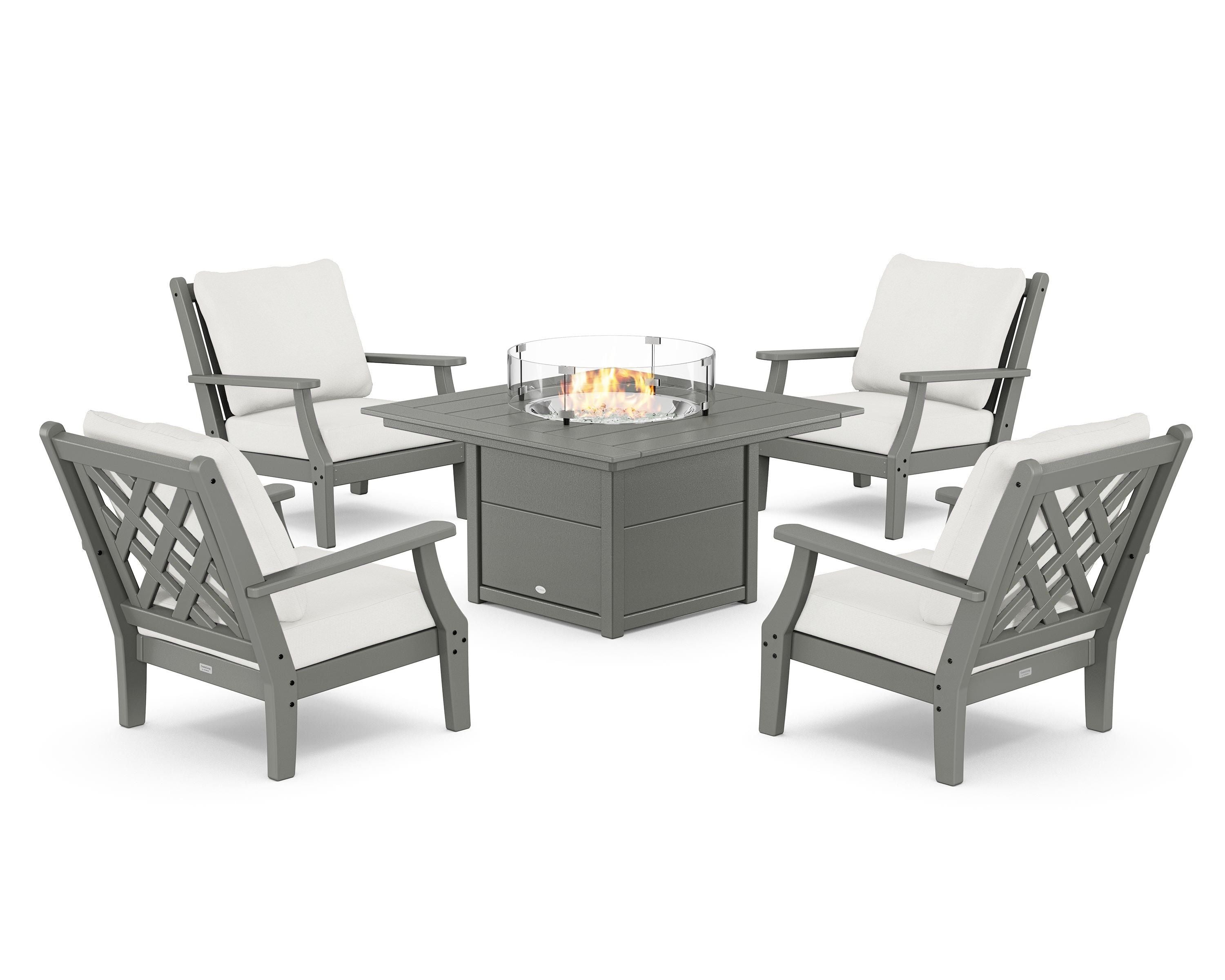 Country Living Wovendale 5-Piece Deep Seating Set with Fire Pit Table in Slate Grey / Natural Linen