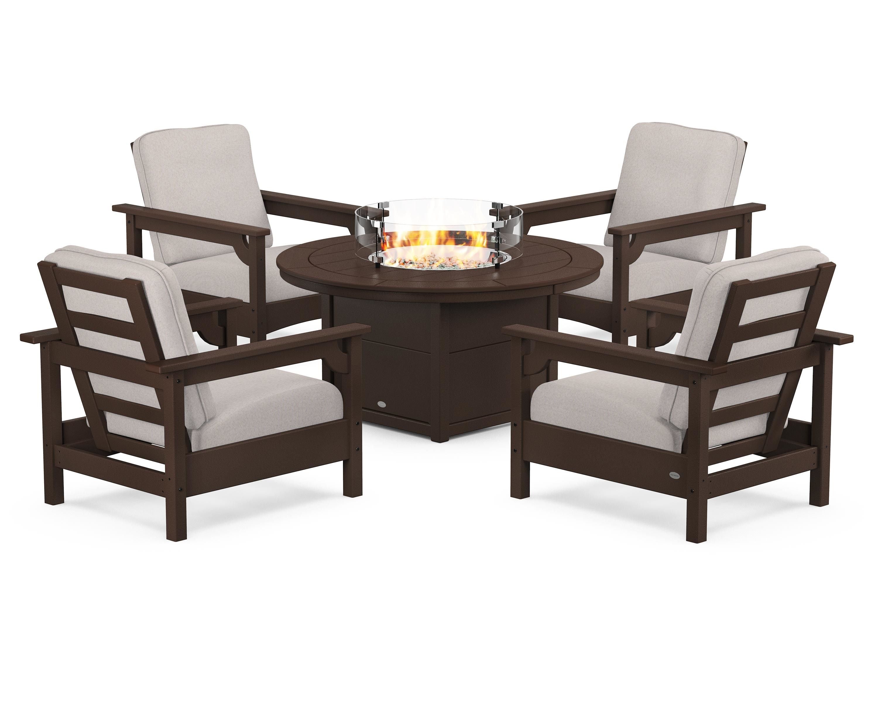 POLYWOOD® Club 5-Piece Conversation Set with Fire Pit Table in Mahogany / Dune Burlap