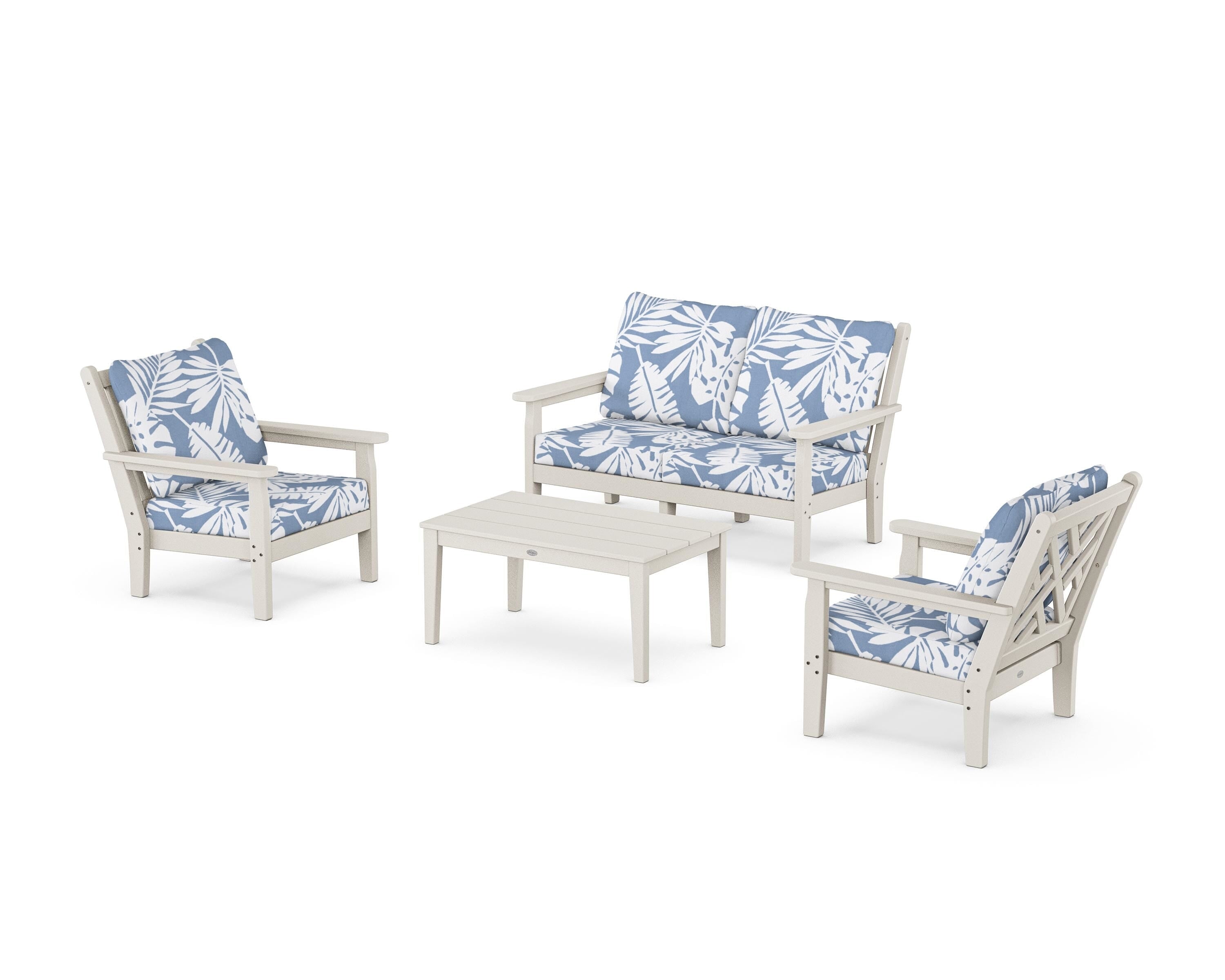 POLYWOOD® Chippendale 4-Piece Deep Seating Set with Loveseat in Sand / Leaf Sky Blue