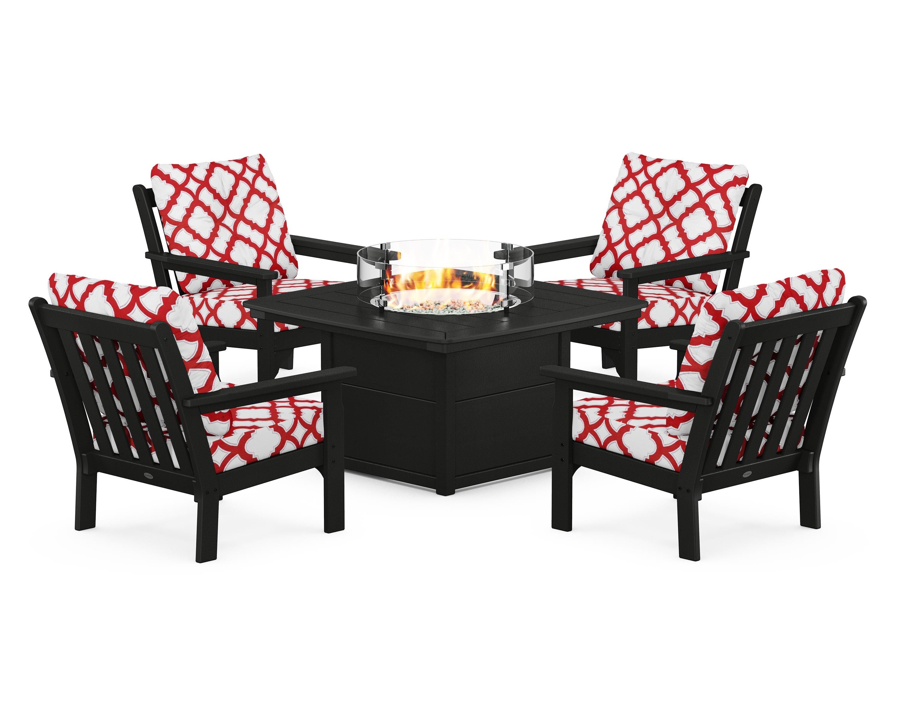 POLYWOOD® Vineyard 5-Piece Conversation Set with Fire Pit Table in Black / Trellis Crimson