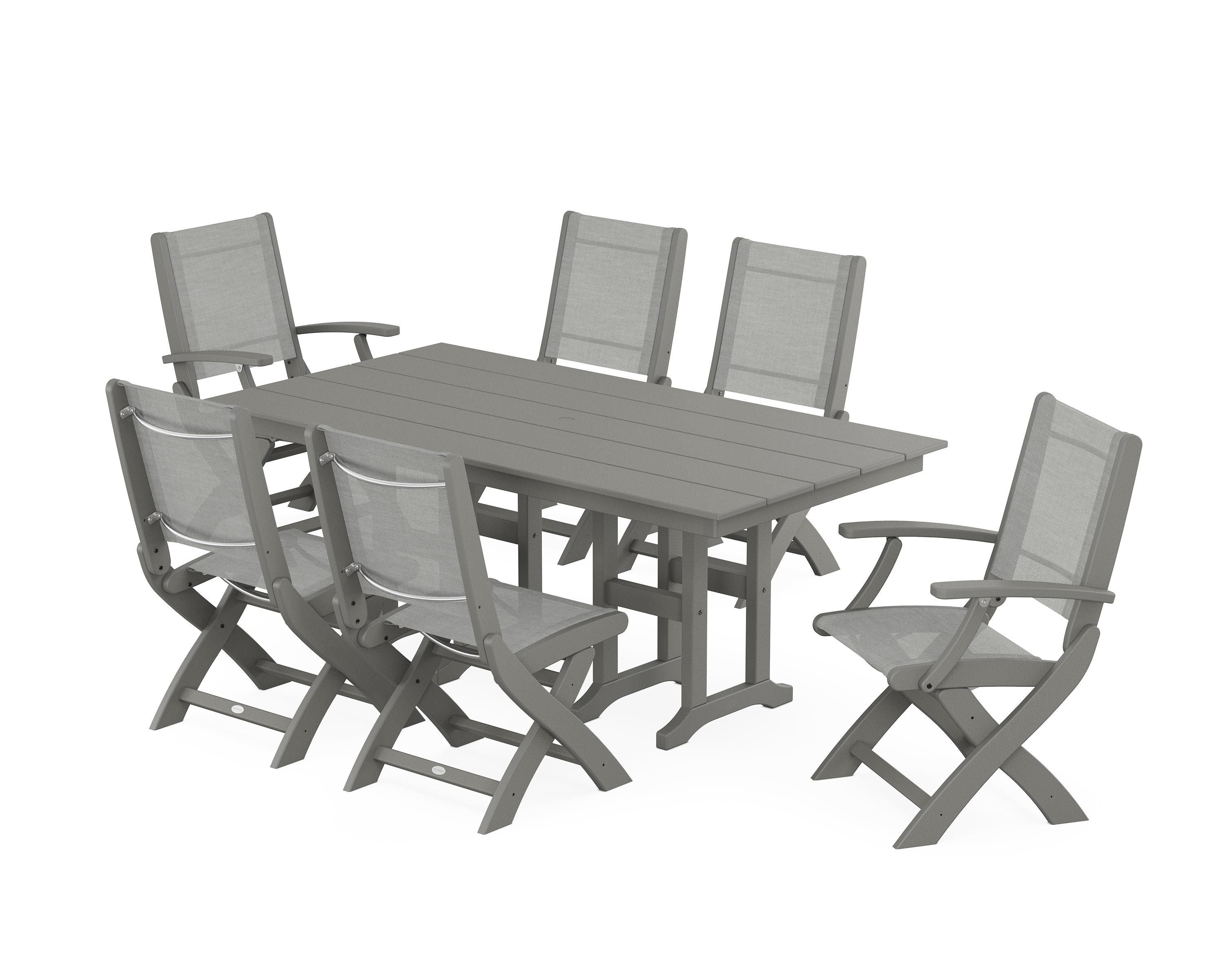 POLYWOOD® Coastal Folding Chair 7-Piece Farmhouse Dining Set in Slate Grey / Metallic Sling