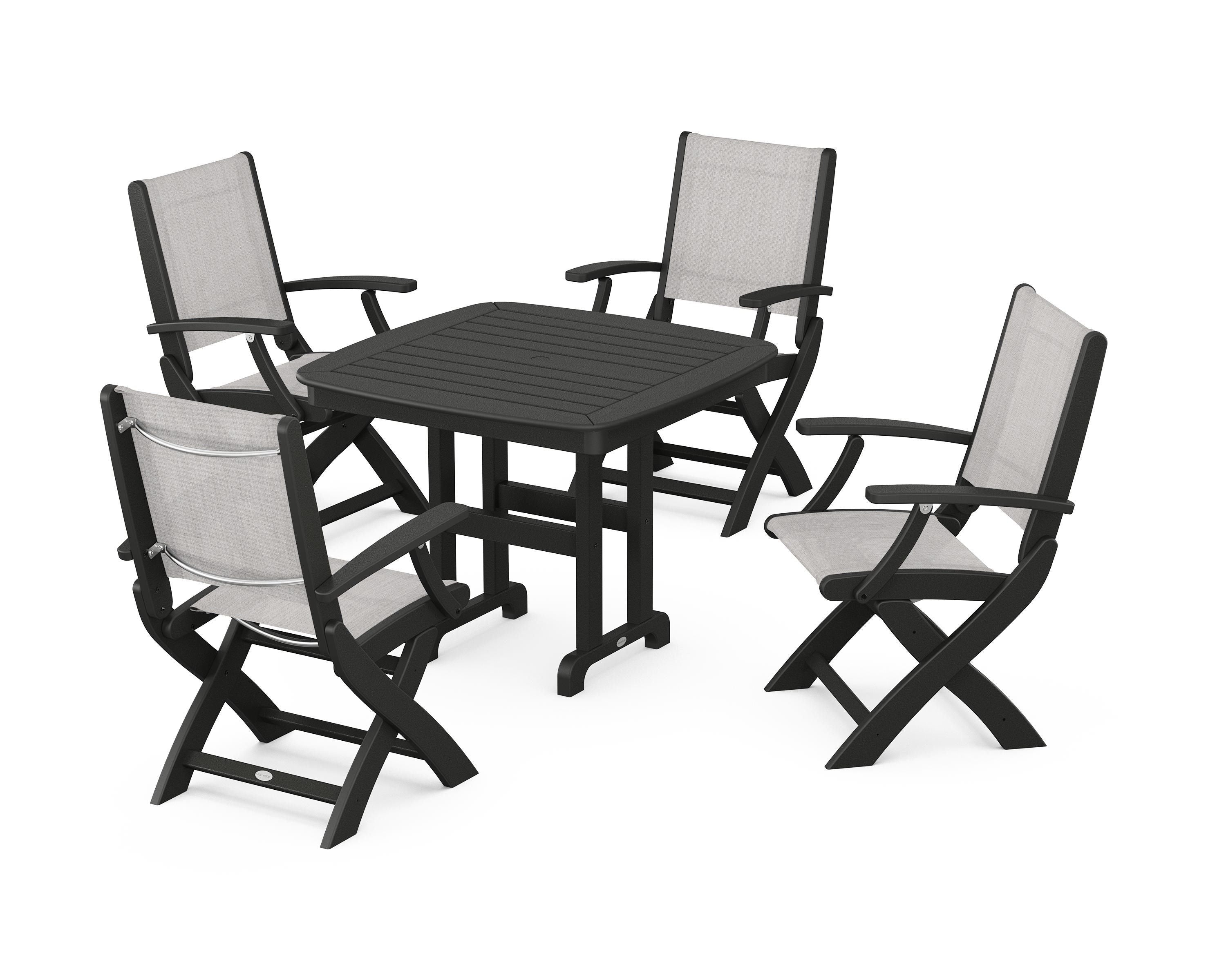 POLYWOOD® Coastal Folding Chair 5-Piece Dining Set in Black / Parchment Sling