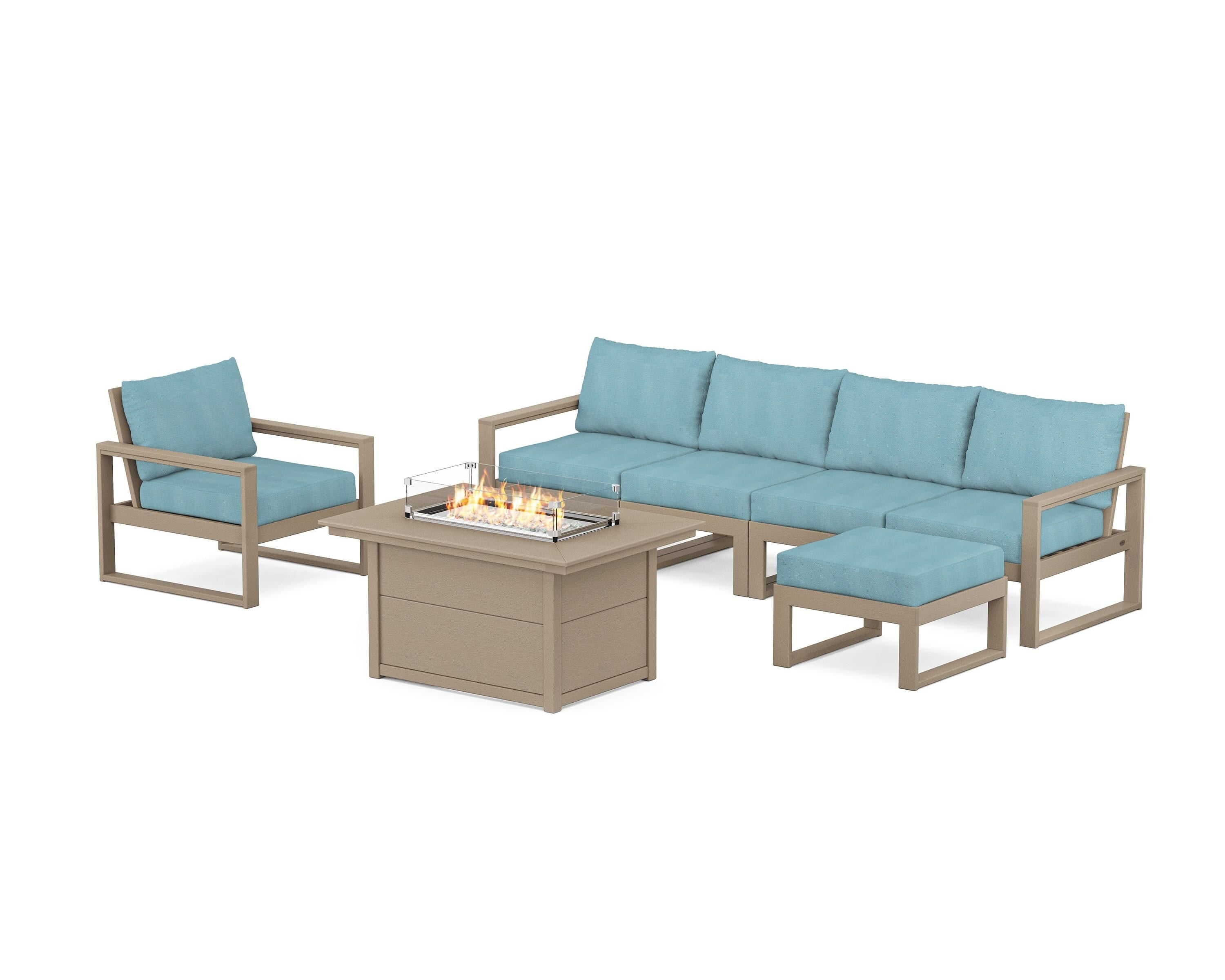 POLYWOOD® EDGE Sectional Lounge and Fire Pit Set in Vintage Sahara / Lattice Sky Blue