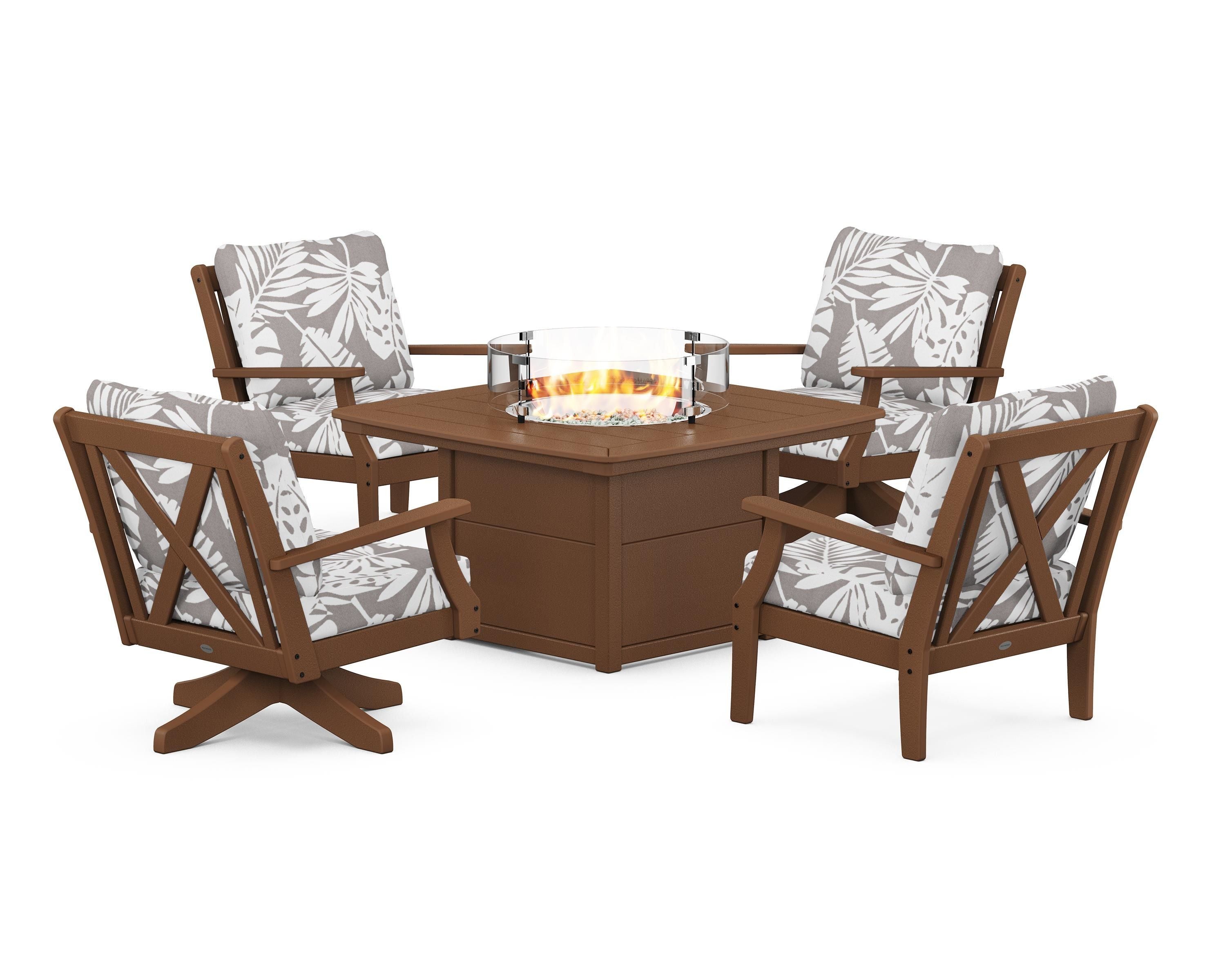 POLYWOOD® Braxton 5-Piece Deep Seating Set with Fire Table in Teak / Leaf Grey Mist