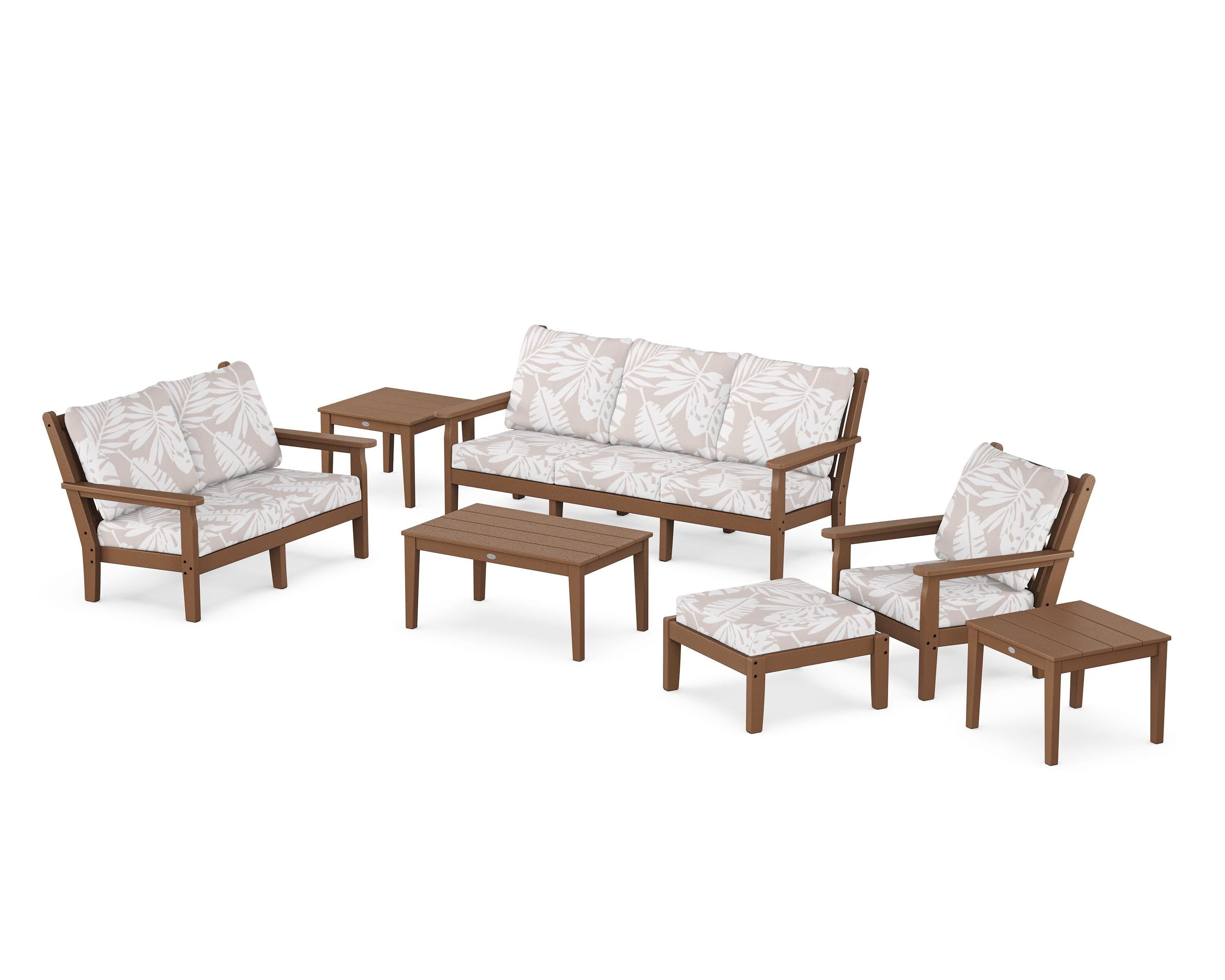 POLYWOOD® Chippendale 7-Piece Deep Seating Set in Teak / Leaf Dune Burlap