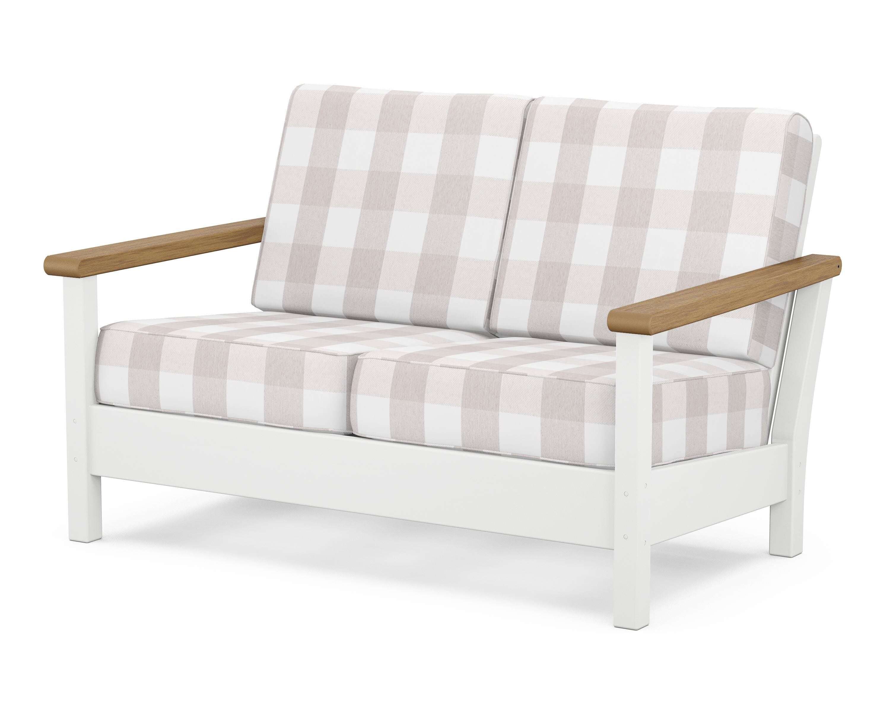 POLYWOOD® Harbour Deep Seating Loveseat in White / Natural / Buffalo Plaid Dune Burlap