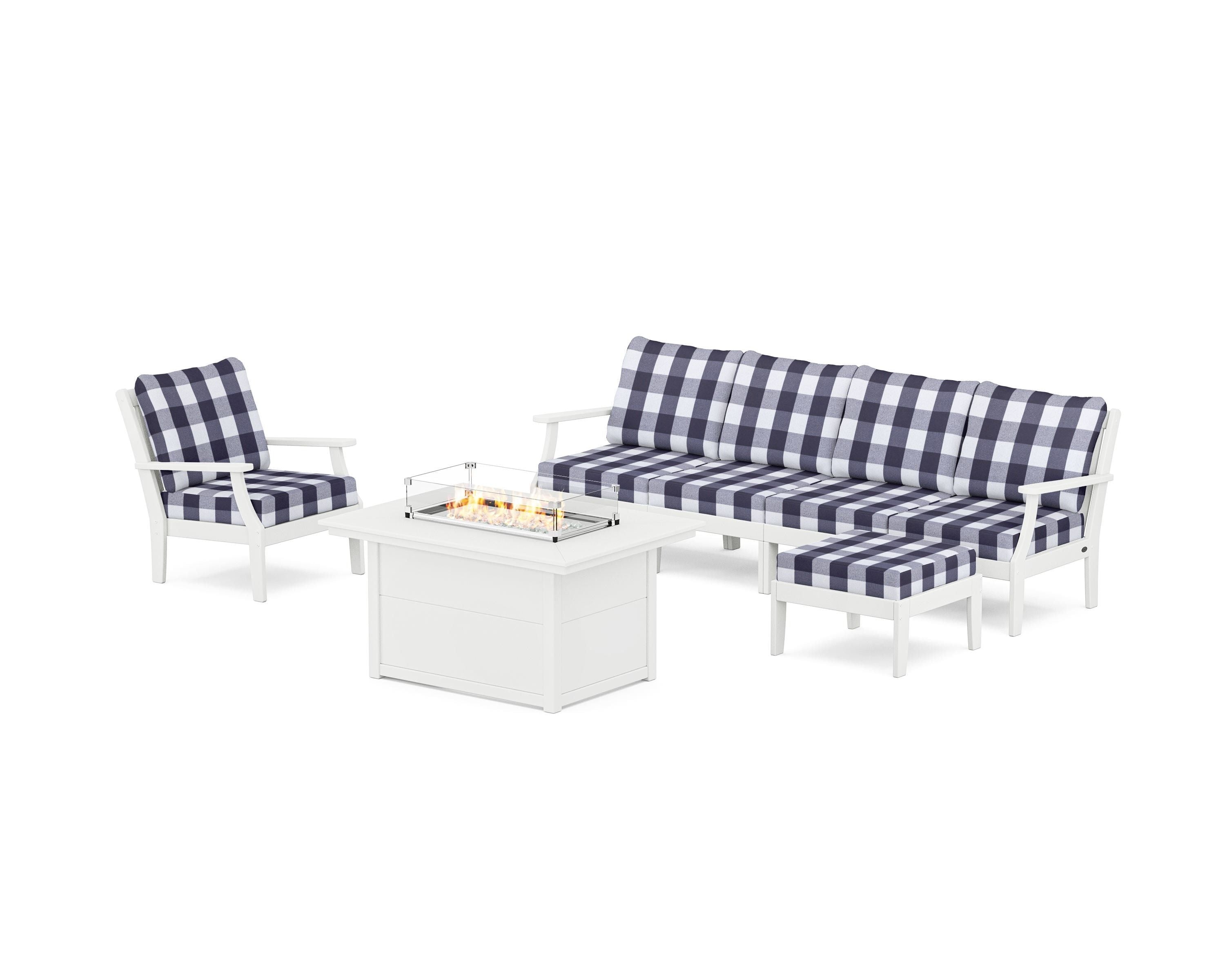 POLYWOOD® Braxton Sectional Lounge and Fire Pit Set in White / Buffalo Plaid Navy