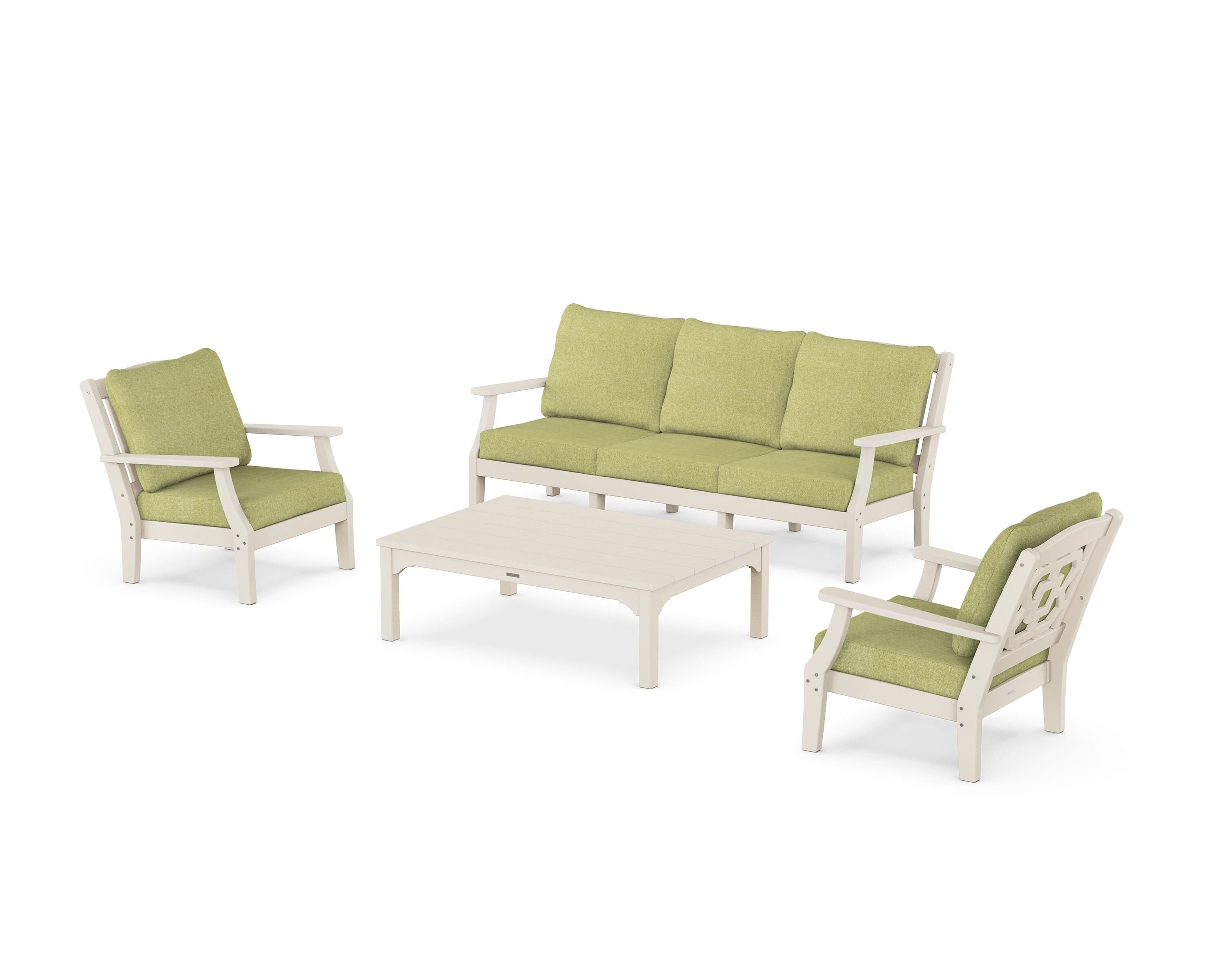 Martha Stewart by POLYWOOD® Chinoiserie 4-Piece Deep Seating Set with Sofa in Sand / Chartreuse Boucle