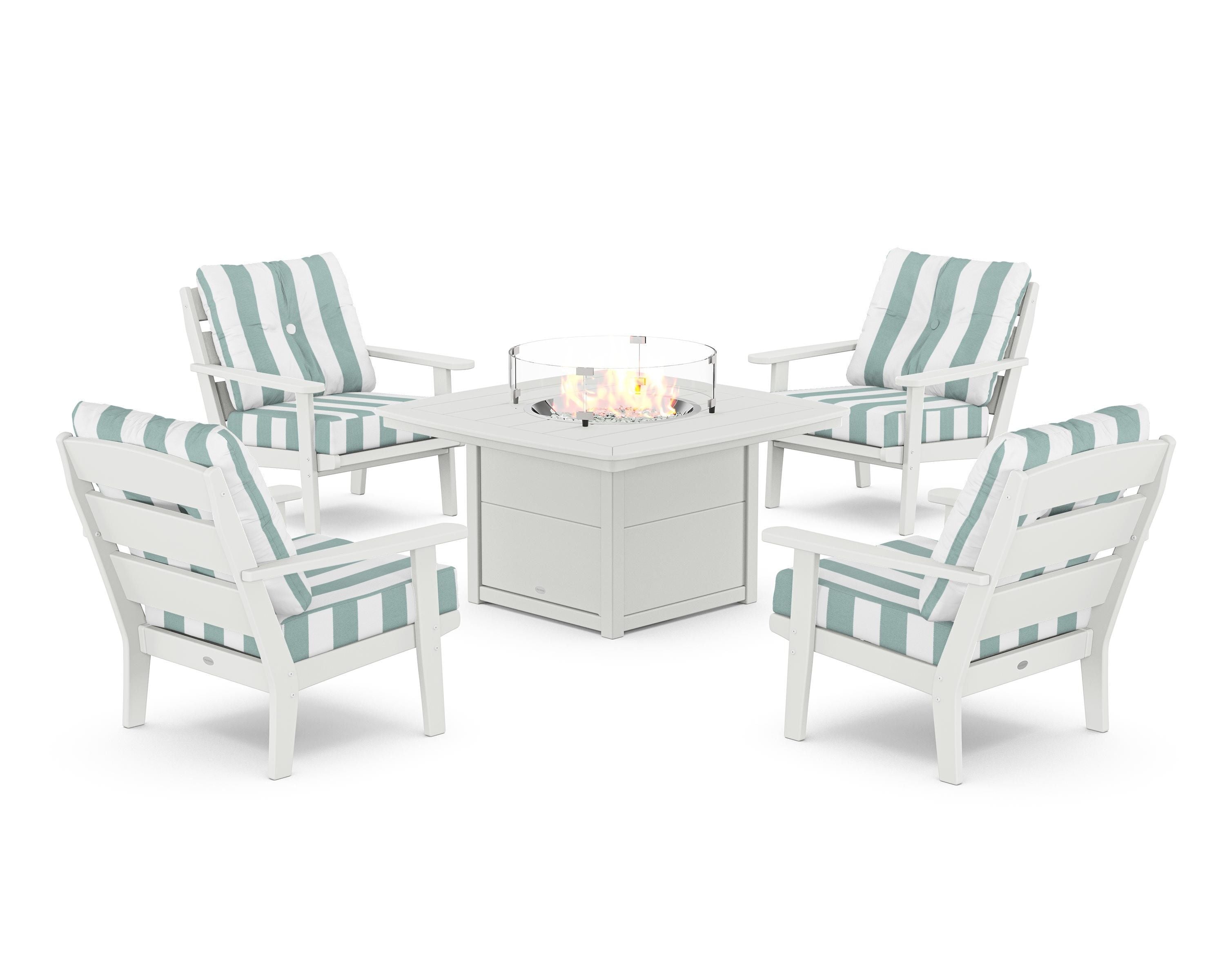 POLYWOOD® Lakeside 5-Piece Deep Seating Set with Nautical Fire Pit Table in White / Cabana Stripe Glacier Spa