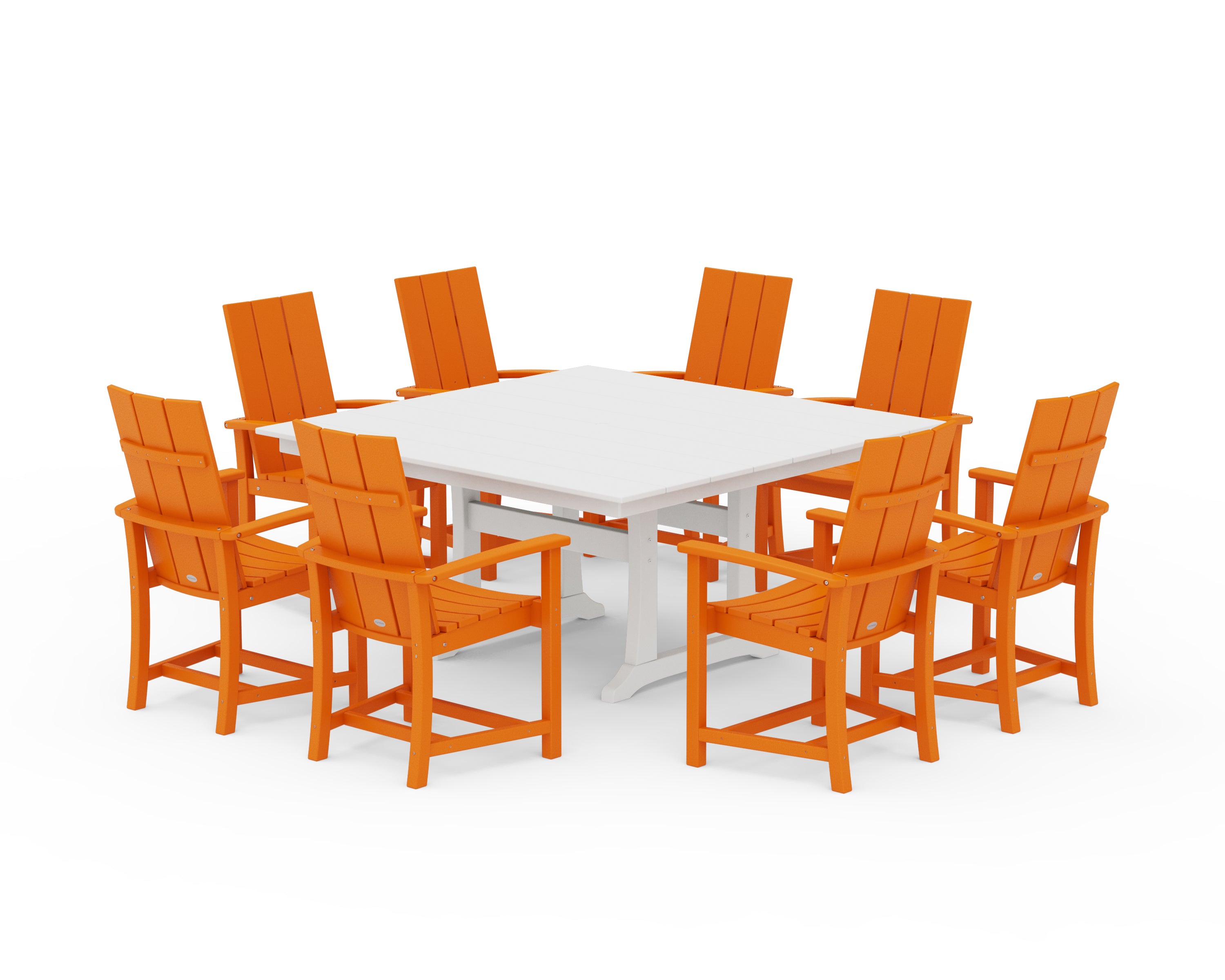 POLYWOOD® Modern Adirondack 9-Piece Farmhouse Trestle Dining Set in Tangerine / White