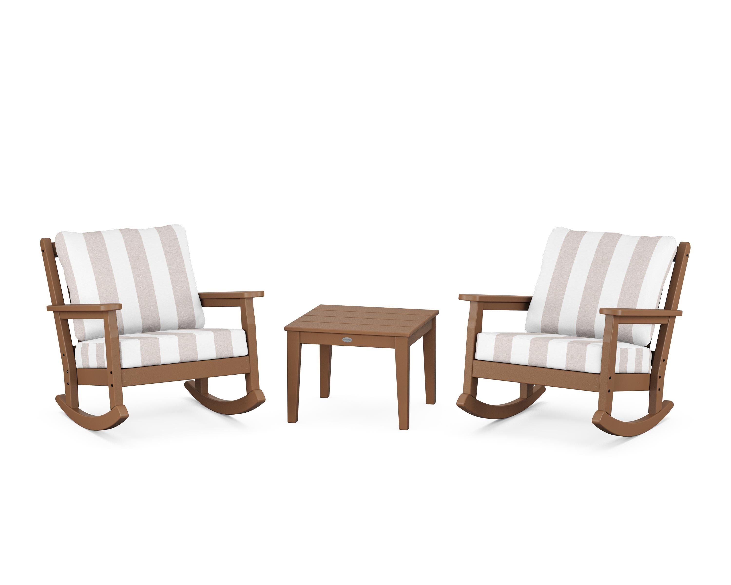 POLYWOOD® Chippendale 3-Piece Deep Seating Rocker Set in Teak / Cabana Stripe Dune Burlap