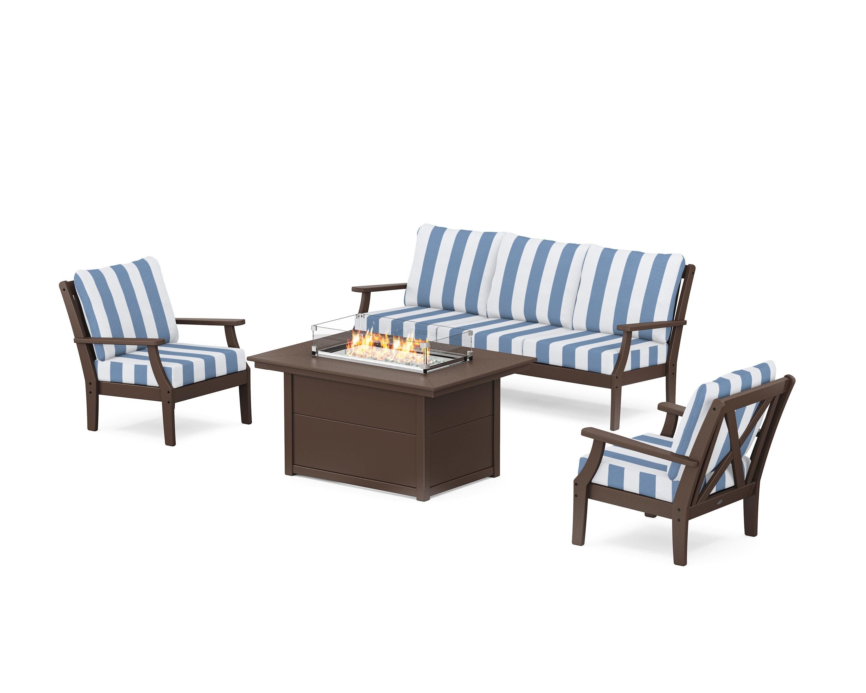 POLYWOOD® Braxton Deep Seating Fire Pit Table Set in Mahogany / Cabana Stripe Sky Blue