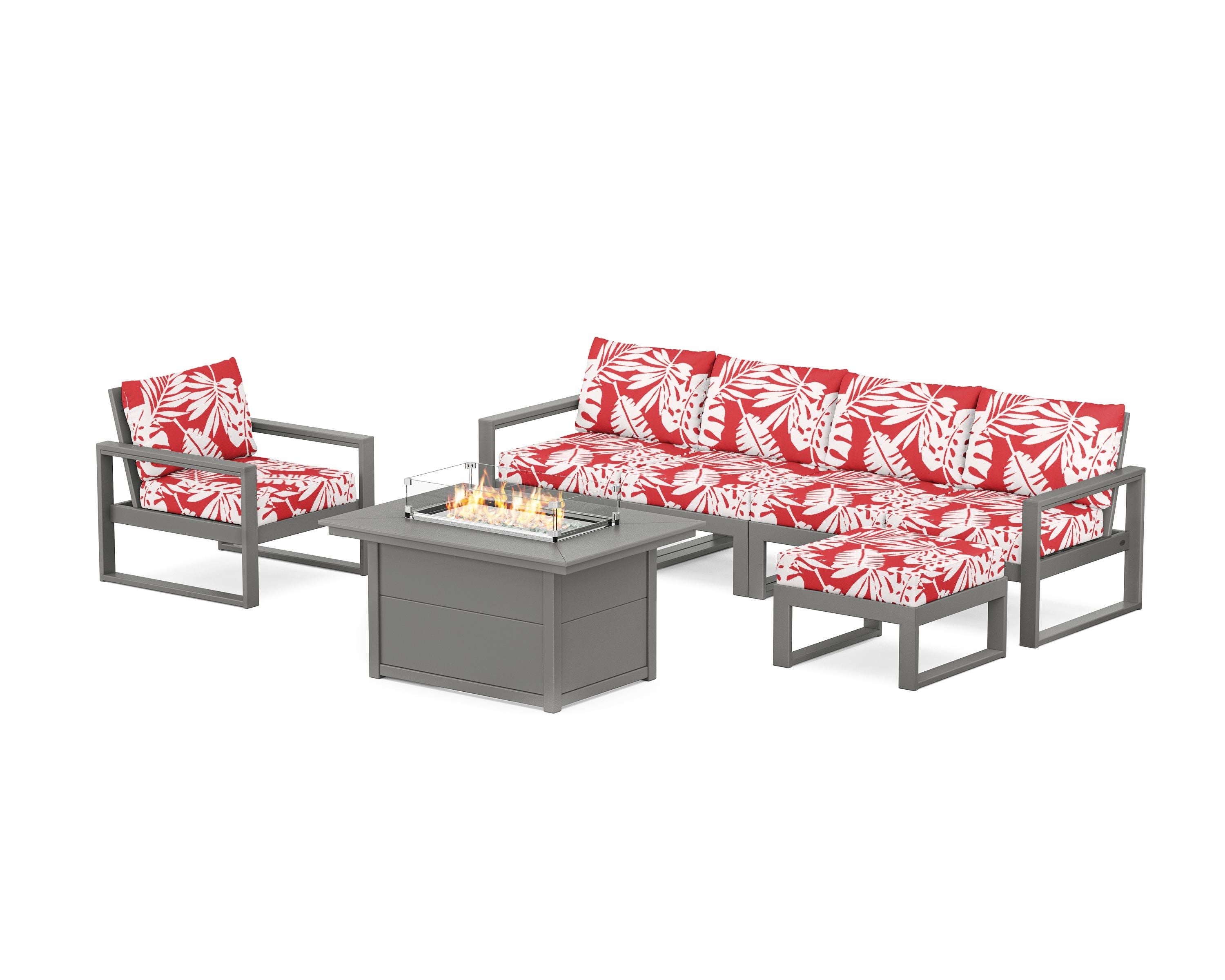 POLYWOOD® EDGE Sectional Lounge and Fire Pit Set in Slate Grey / Leaf Crimson