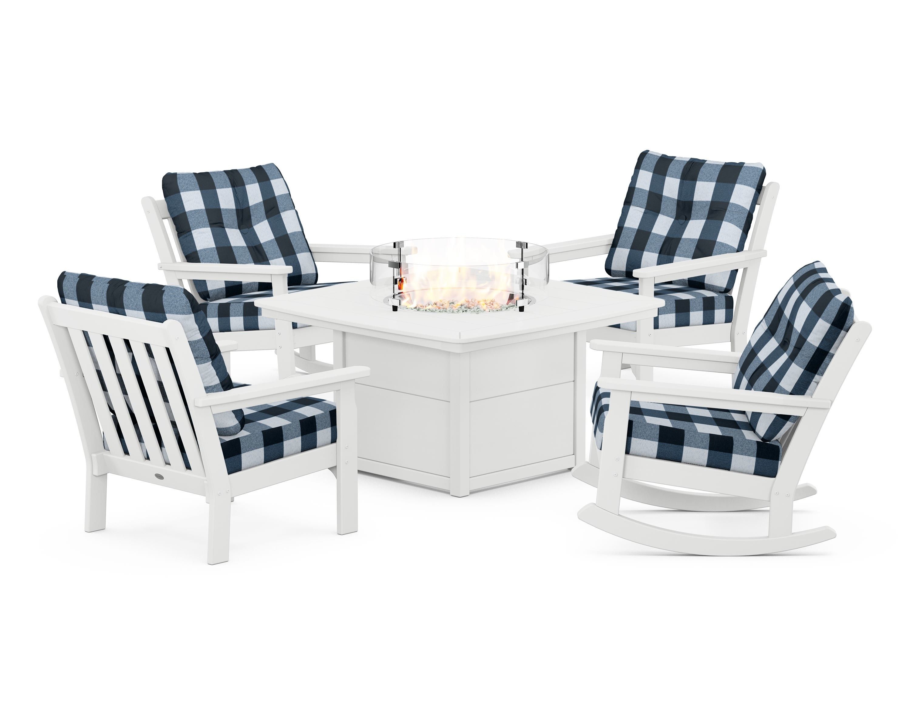 POLYWOOD® Vineyard 5-Piece Deep Seating Rocking Chair Conversation Set with Fire Pit Table in White / Buffalo Plaid Marine Indigo