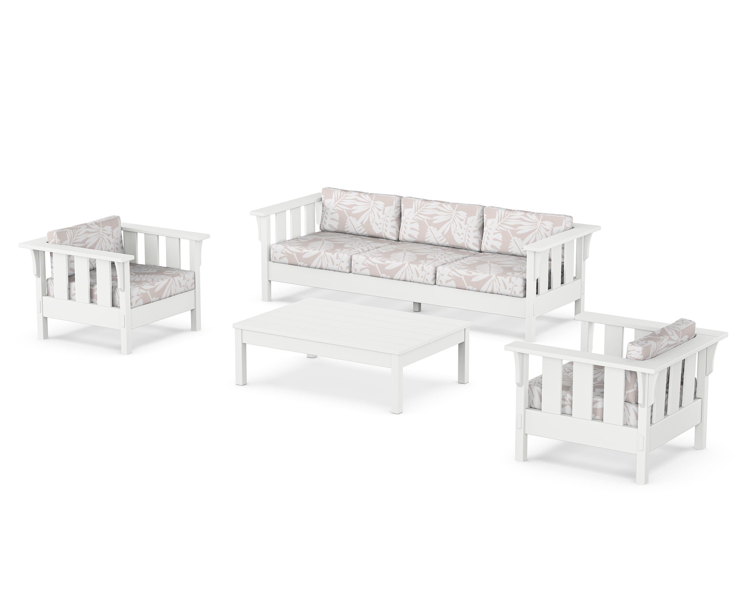 Martha Stewart by POLYWOOD® Acadia 4-Piece Deep Seating Set with Sofa in White / Leaf Dune Burlap