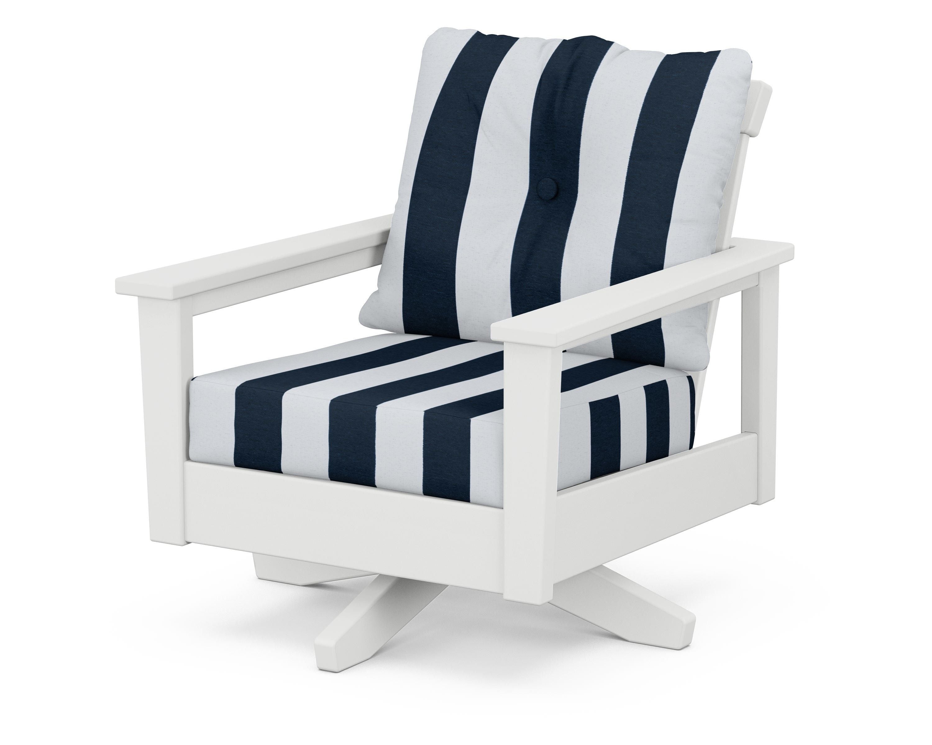 POLYWOOD® Prescott Deep Seating Swivel Chair in White / Cabana Stripe Marine Indigo