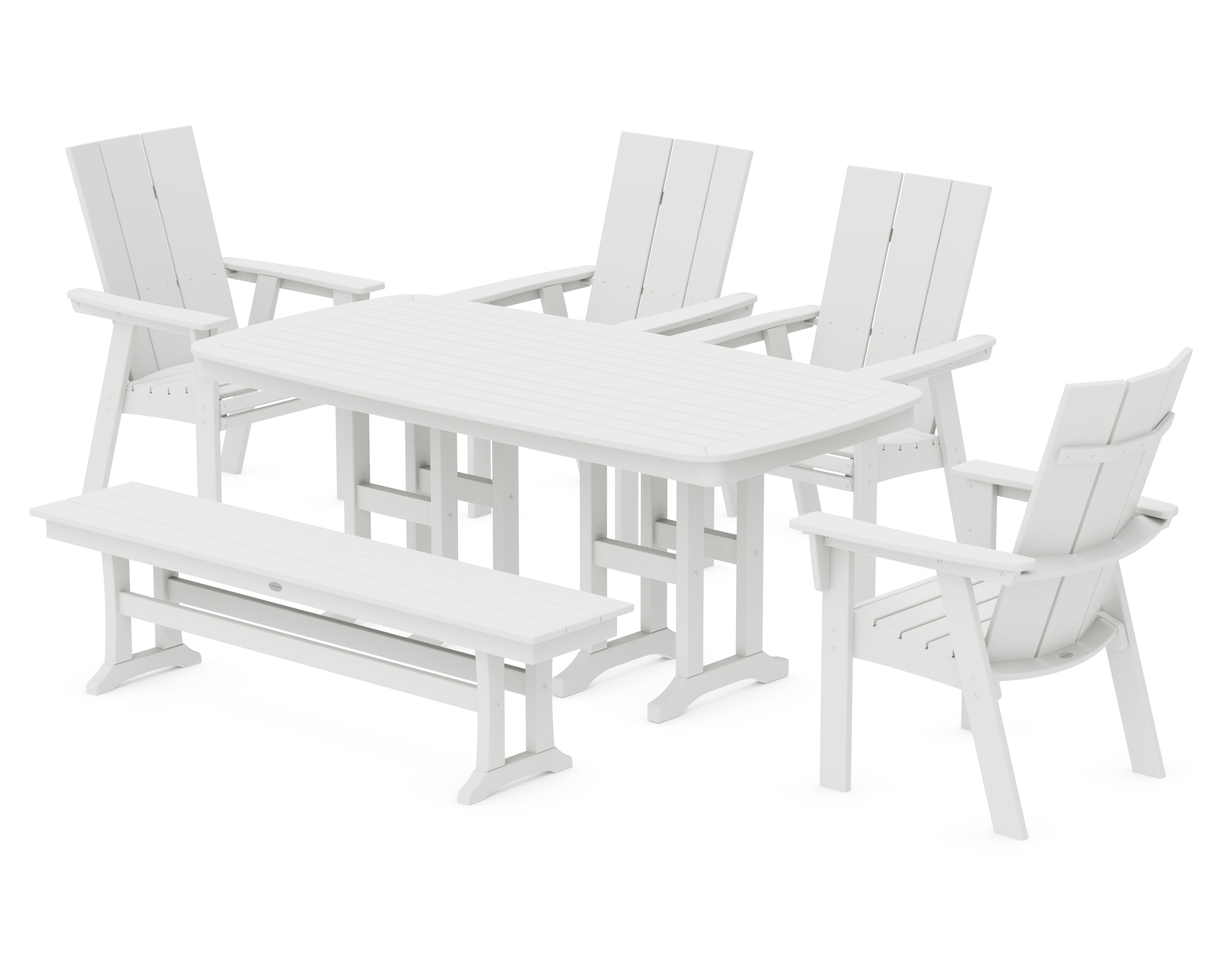 POLYWOOD® Modern Curveback Adirondack 6-Piece Dining Set with Bench in White