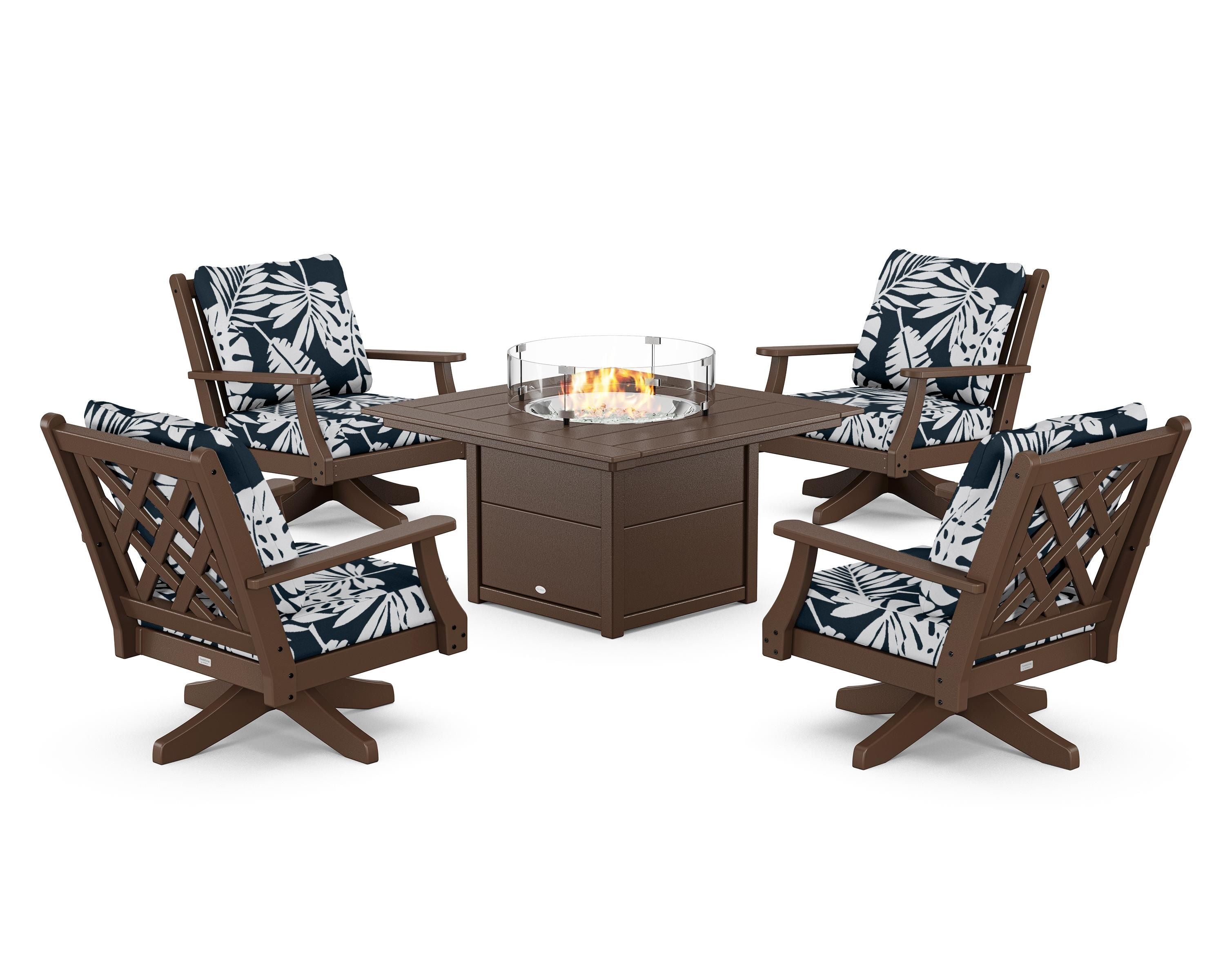 Country Living Wovendale 5-Piece Deep Seating Swivel Conversation Set with Fire Pit Table in Mahogany / Leaf Marine Indigo