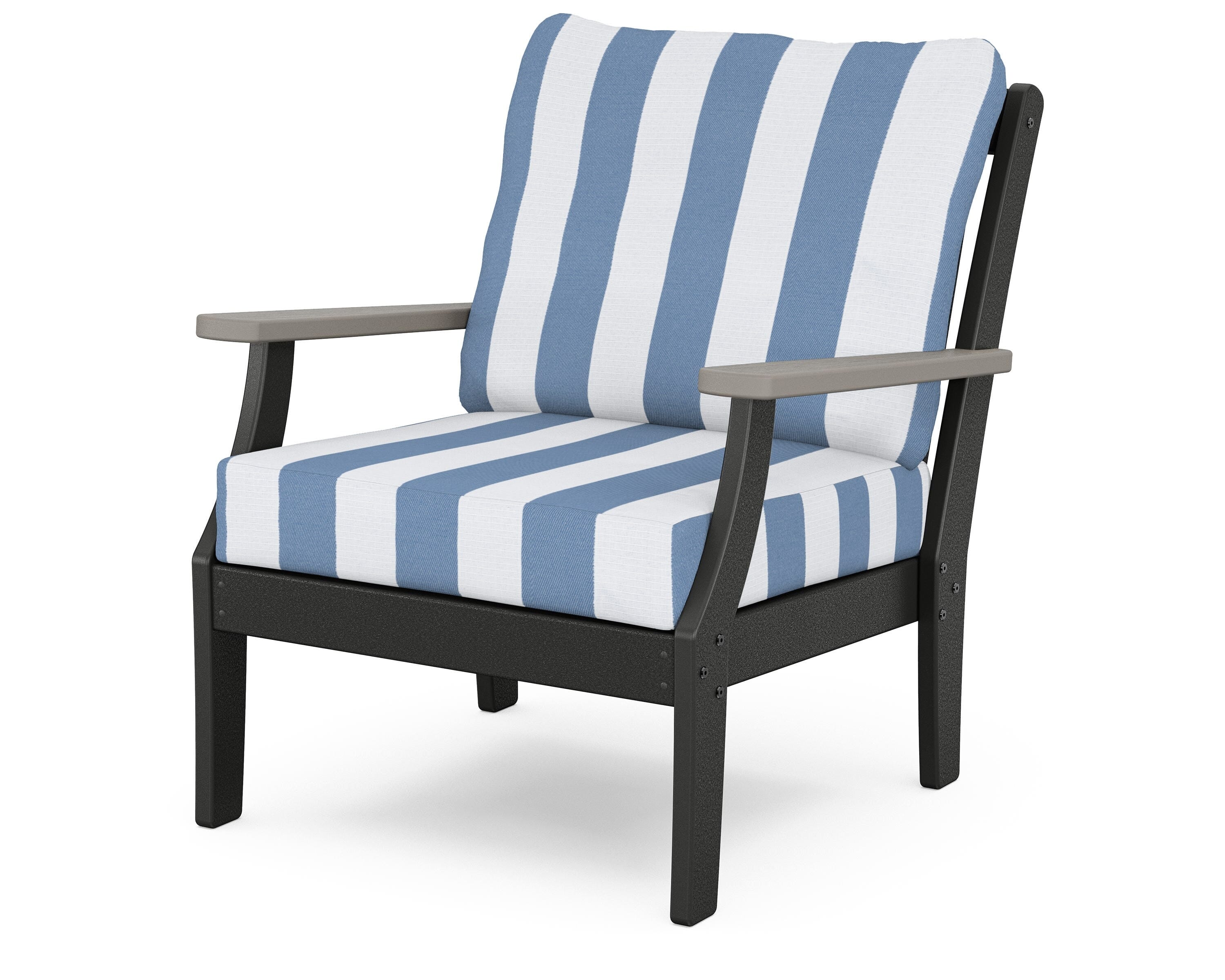 POLYWOOD® Braxton Deep Seating Chair in Black / Driftwood / Cabana Stripe Sky Blue