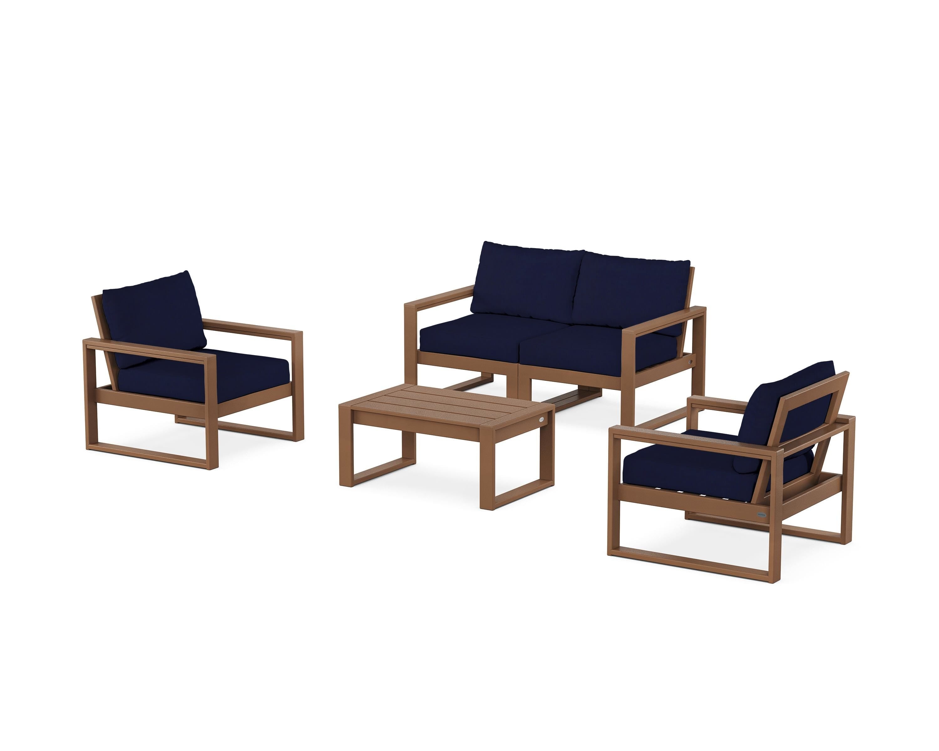 POLYWOOD® EDGE Sectional 4-Piece Deep Seating Set with Loveseat in Teak / Navy