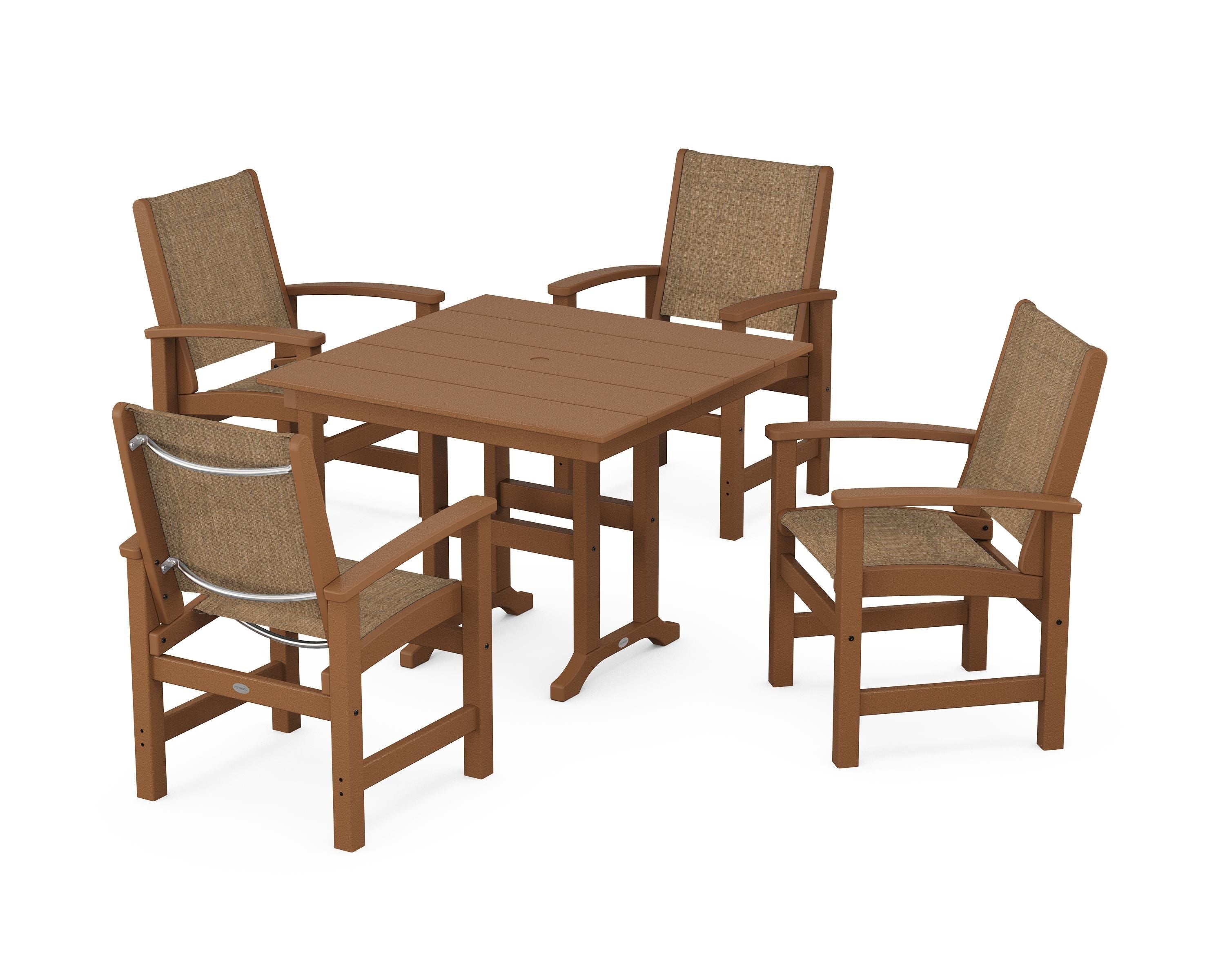 POLYWOOD® Coastal 5-Piece Farmhouse Dining Set in Teak / Burlap Sling