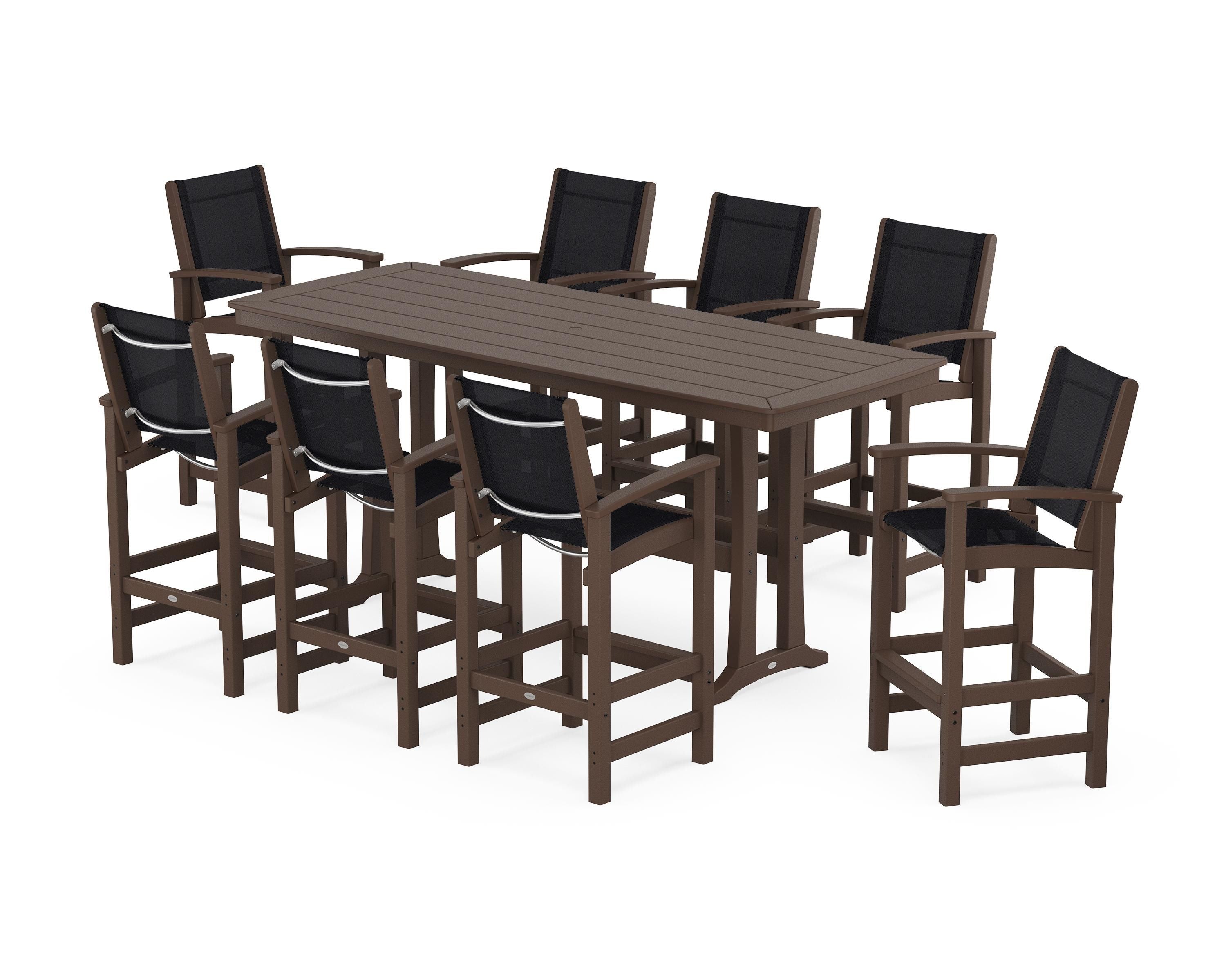POLYWOOD® Coastal 9-Piece Bar Set with Trestle Legs in Mahogany / Black Sling