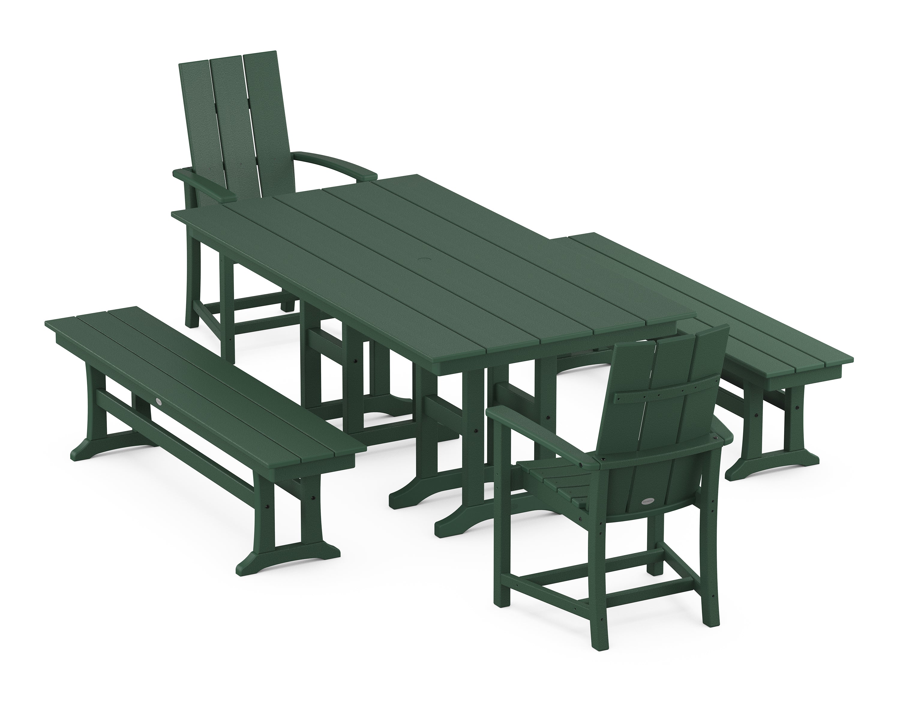 POLYWOOD® Modern Adirondack 5-Piece Farmhouse Dining Set with Benches in Green