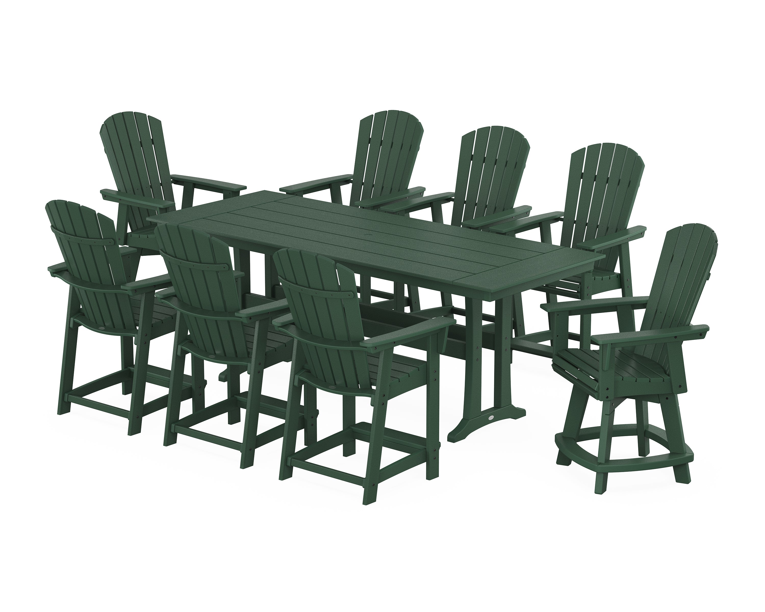 POLYWOOD® Nautical Curveback Adirondack Swivel Chair 9-Piece Farmhouse Counter Set with Trestle Legs in Green