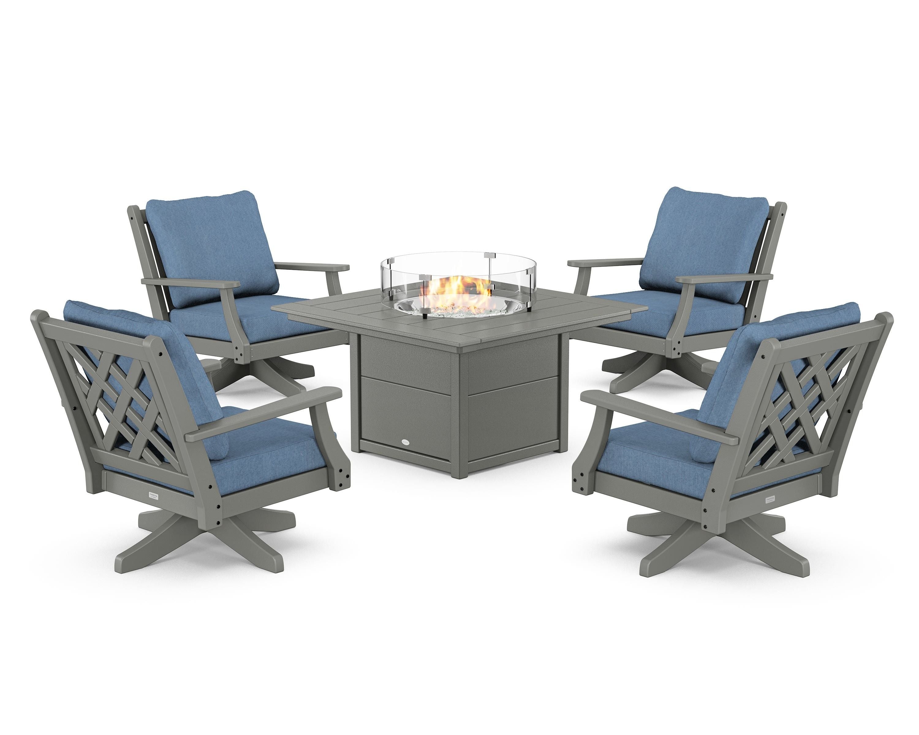 Country Living Wovendale 5-Piece Deep Seating Swivel Conversation Set with Fire Pit Table in Slate Grey / Sky Blue